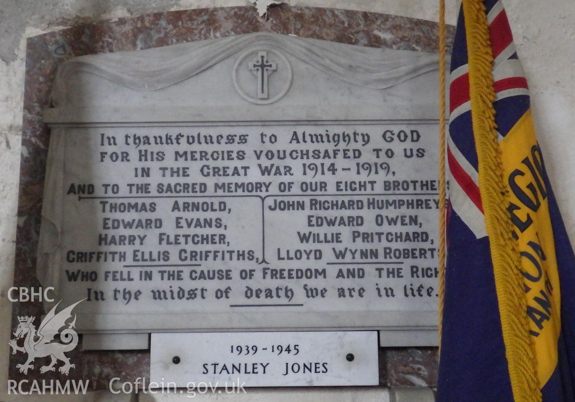 Detail of Great War and Second World War memorial on northern side of nave