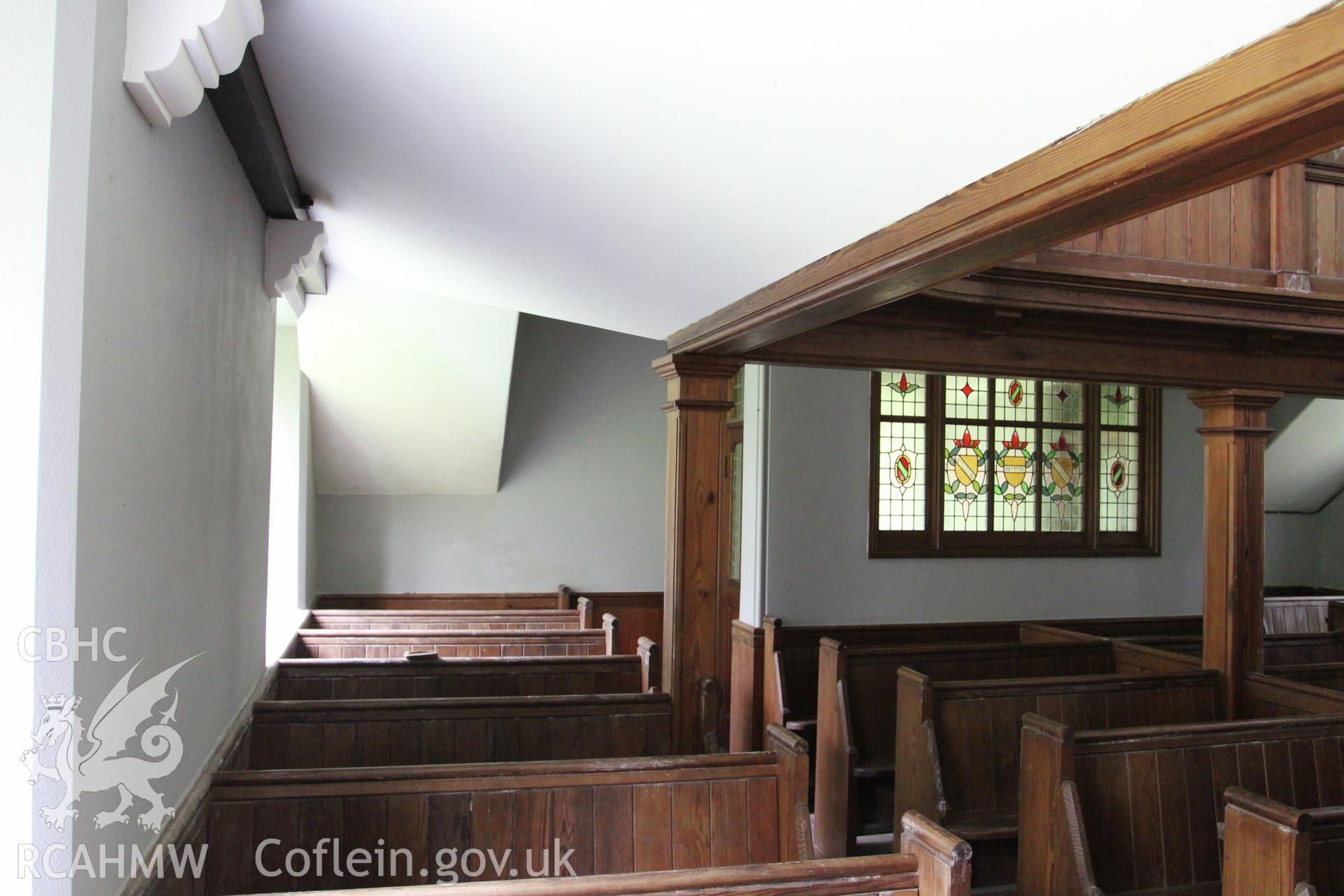 Interior of chapel, view along underside of north gallery looking east