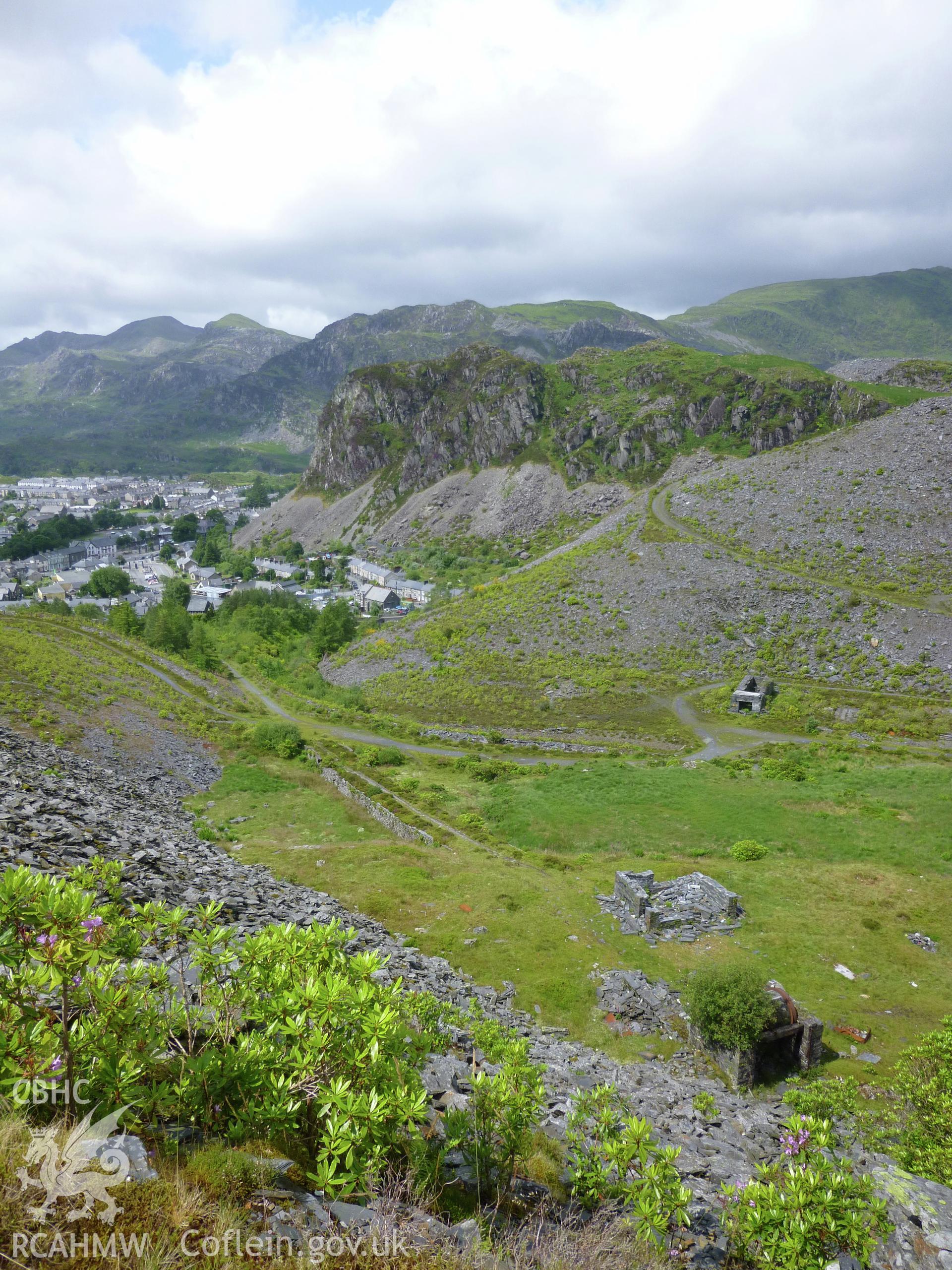 View looking west of the upper section of the counter-balance incline and drum house linking Diffwys Slate Quarry to the Festiniog Railway.