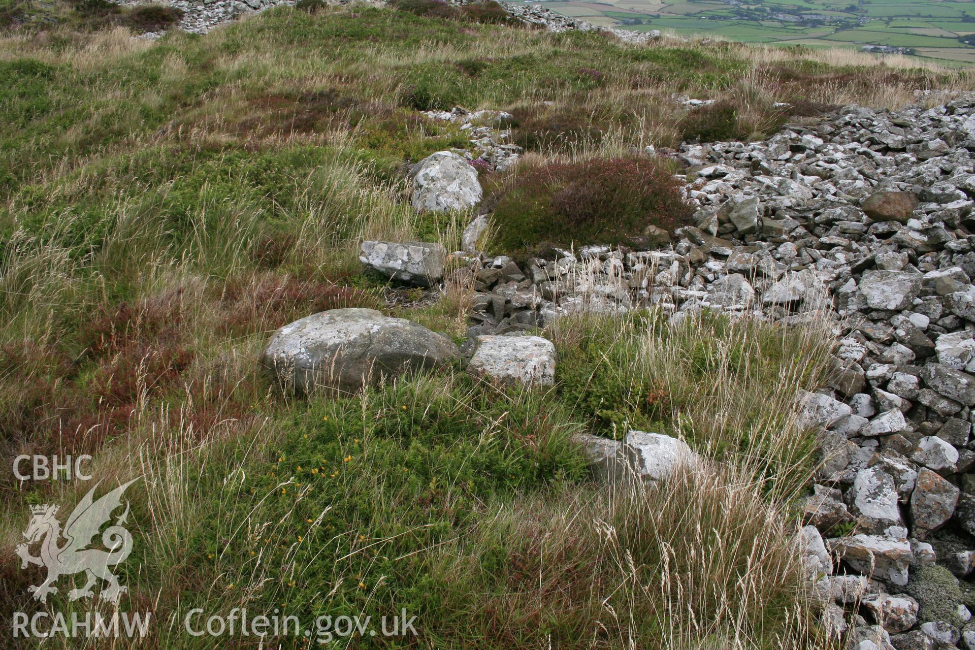 Cairn III, Mynydd Rhiw.  Possible kerb stones around north-west edge of cairn.