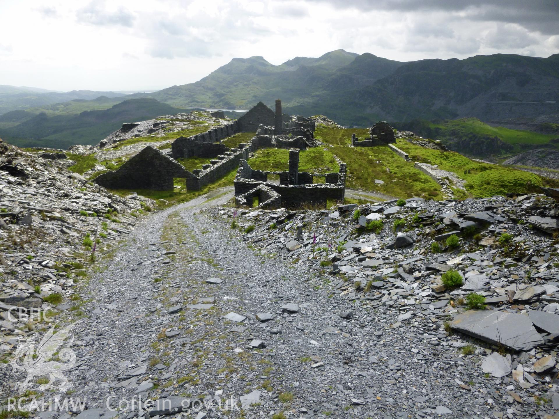 Diffwys Slate Quarry. Looking west across mill and associated structures located on Floor 6.