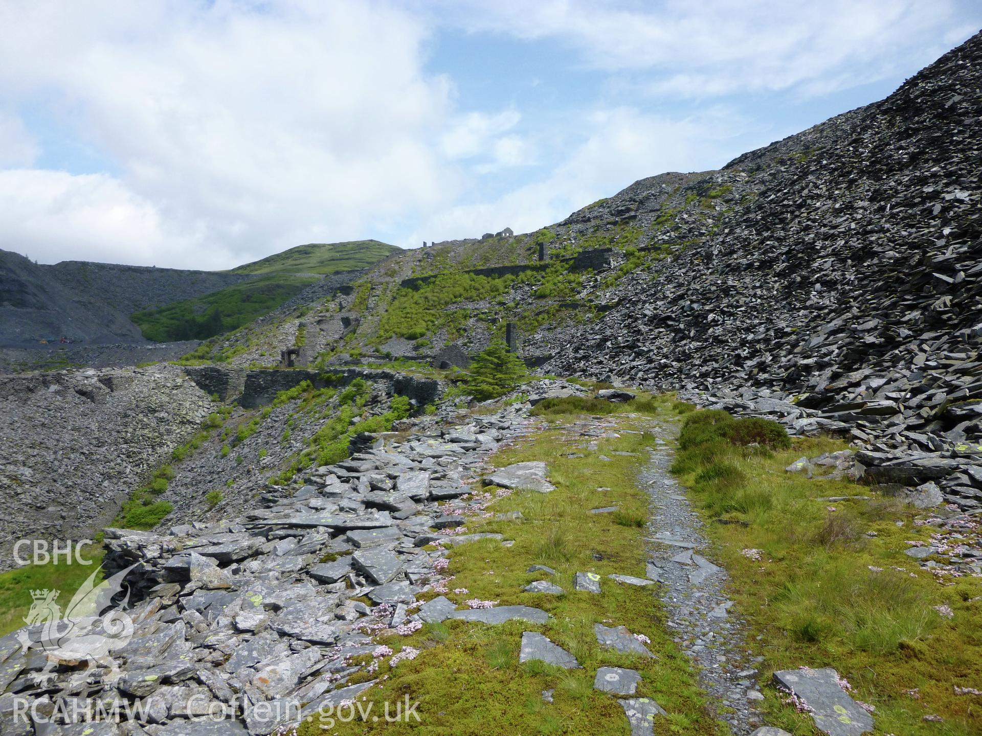 Diffwys Slate Quarry. Looking north along track bed and Floors 0 to 3 of the quarry.