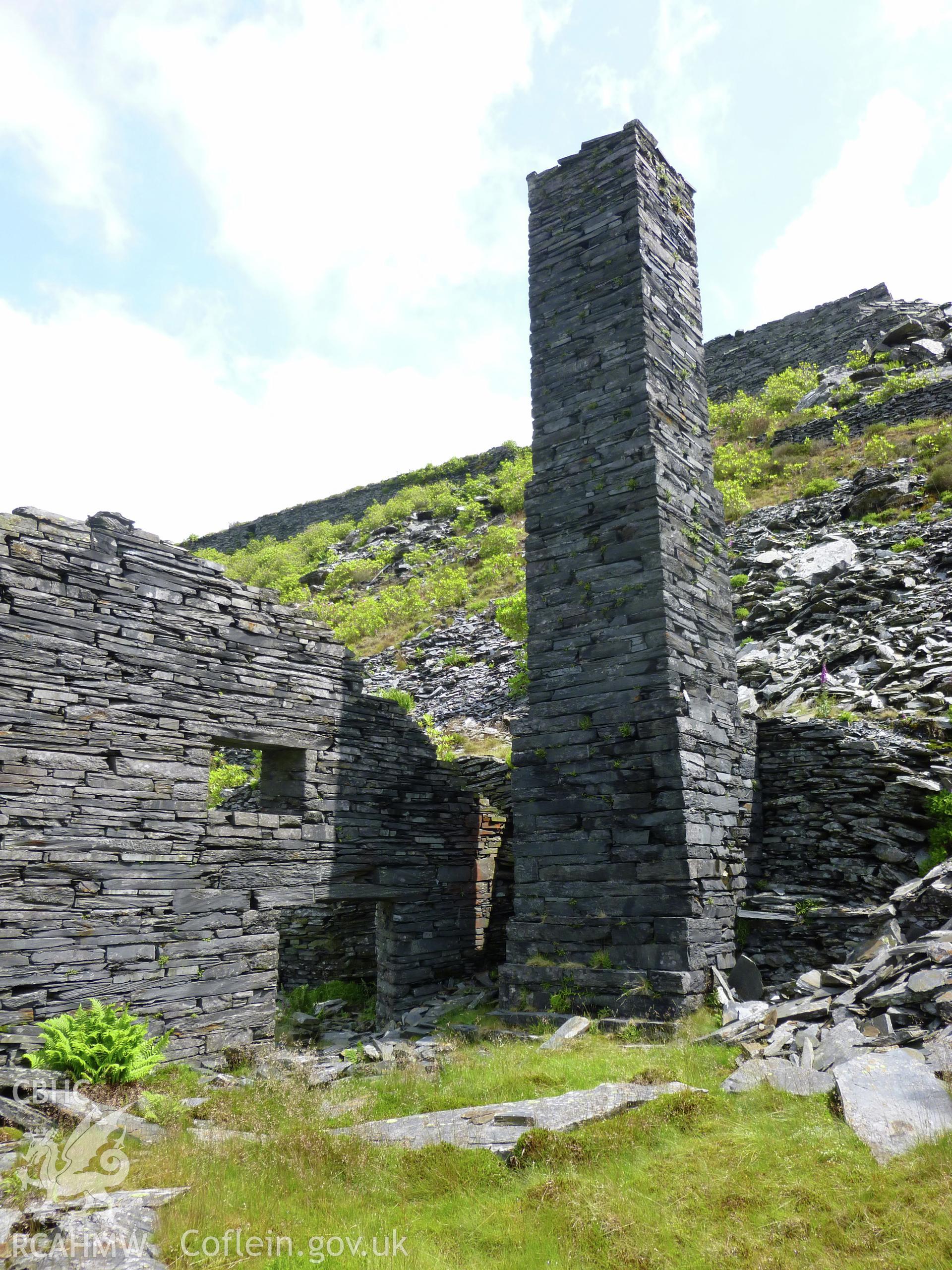 Slate Mill, Floor 0, Diffwys Slate Quarry. View looking east at mill chimney.