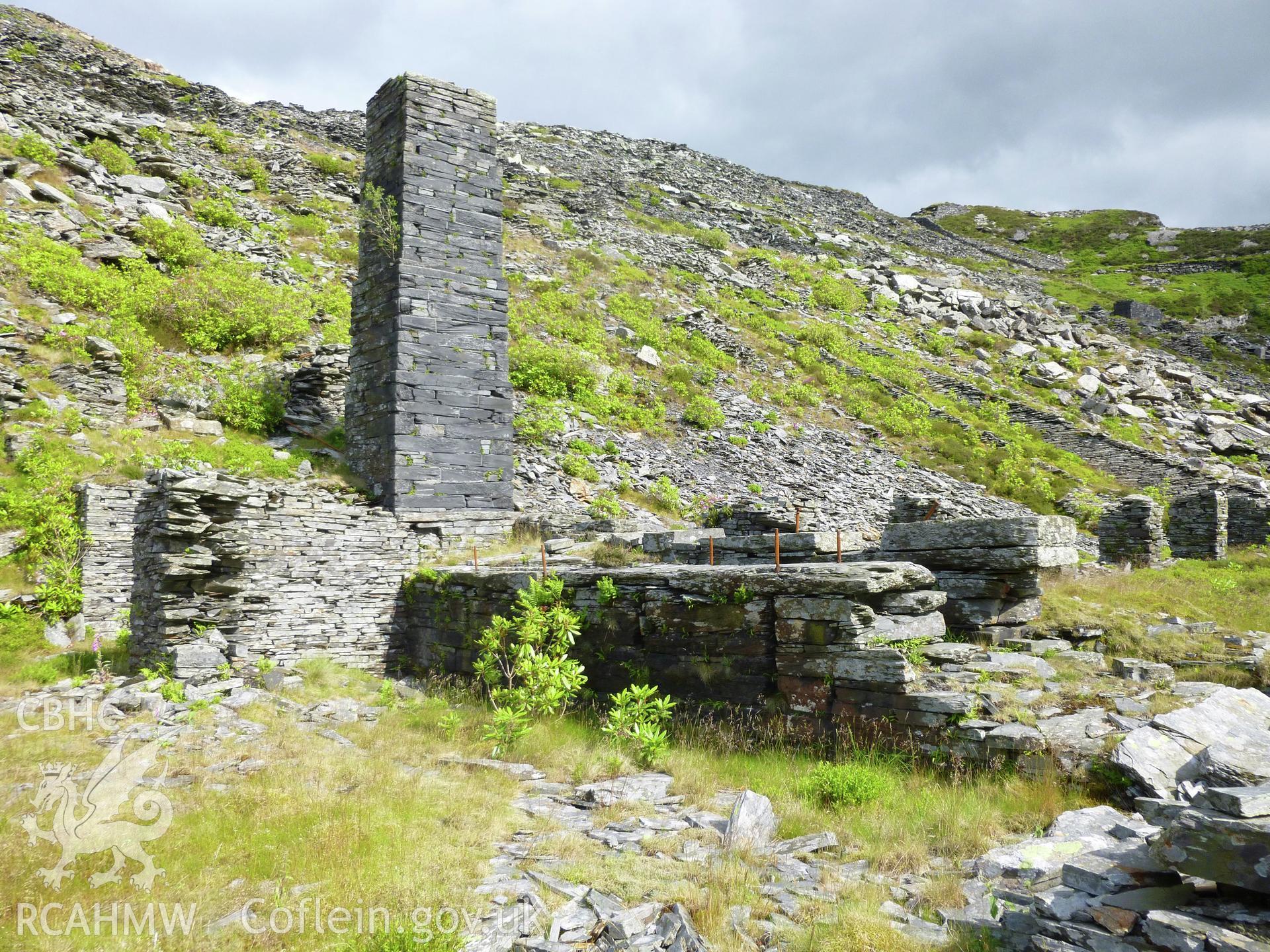 Alabama Slate Mill, Floor 2, Diffwys Quarry. Chimney and base for steam engine.