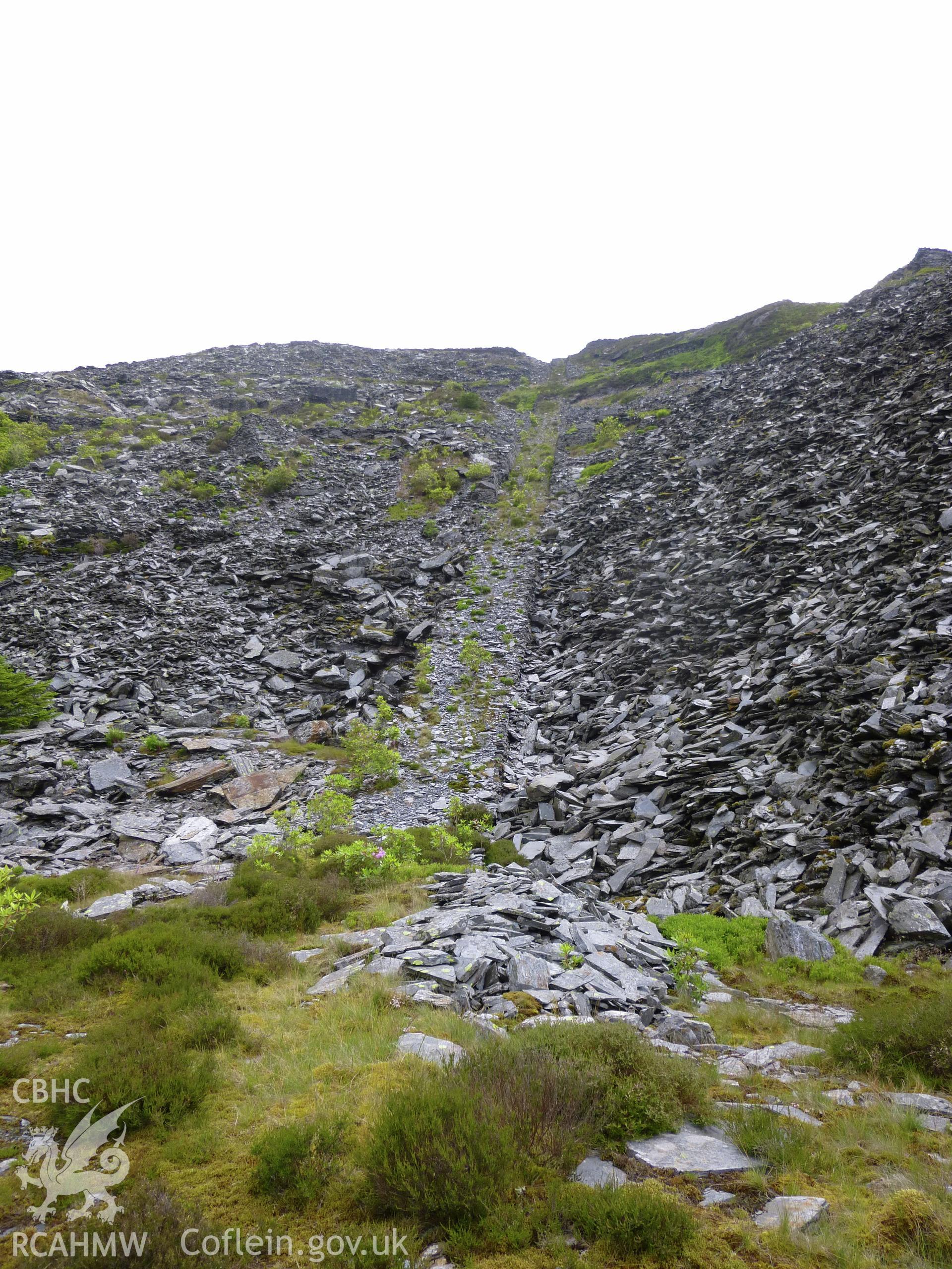 View looking east up counter-balance incline between Floor 0 to Floor 5 at Diffwys Slate Quarry.