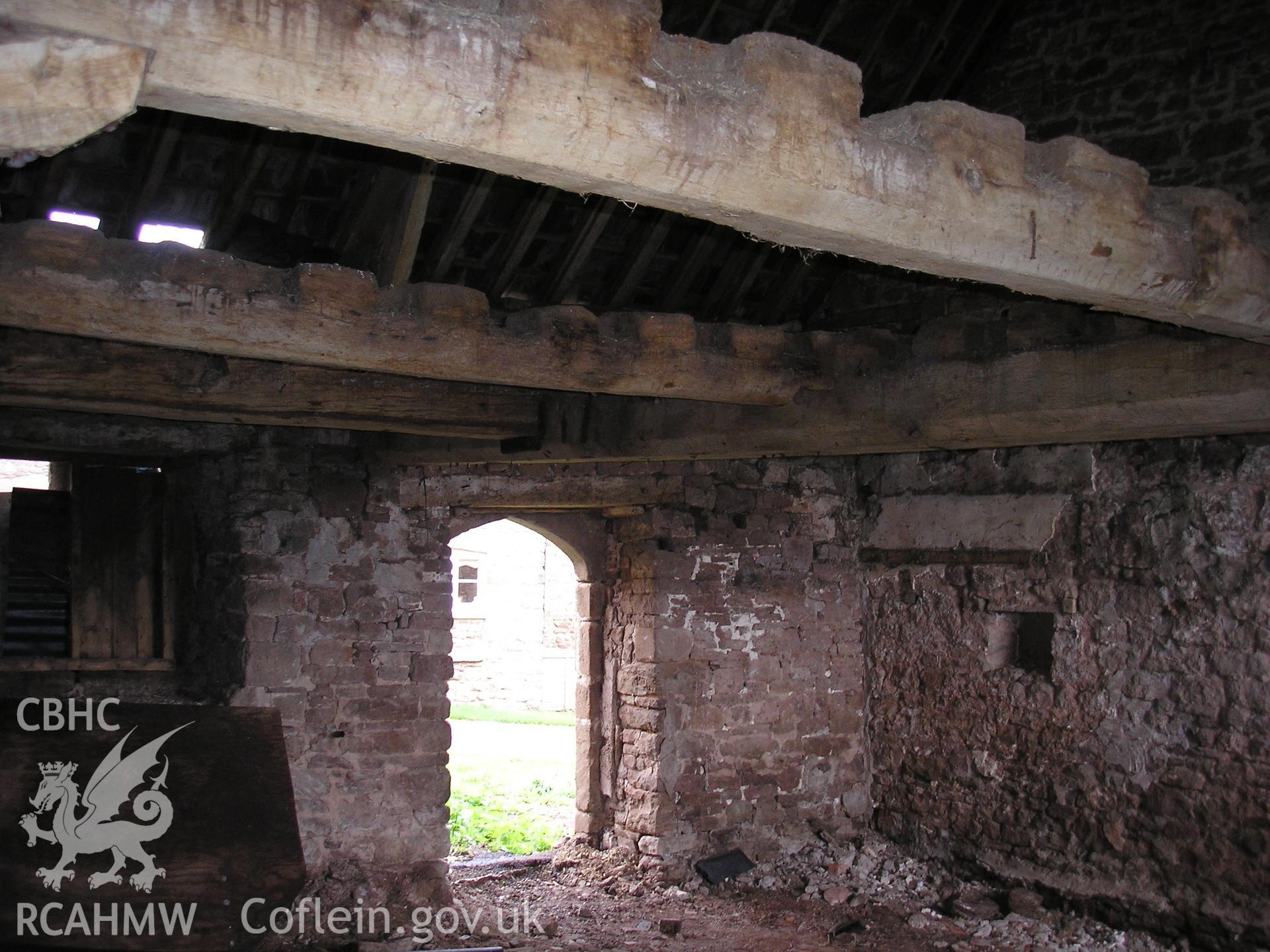 Interior of barn showing roof timbers