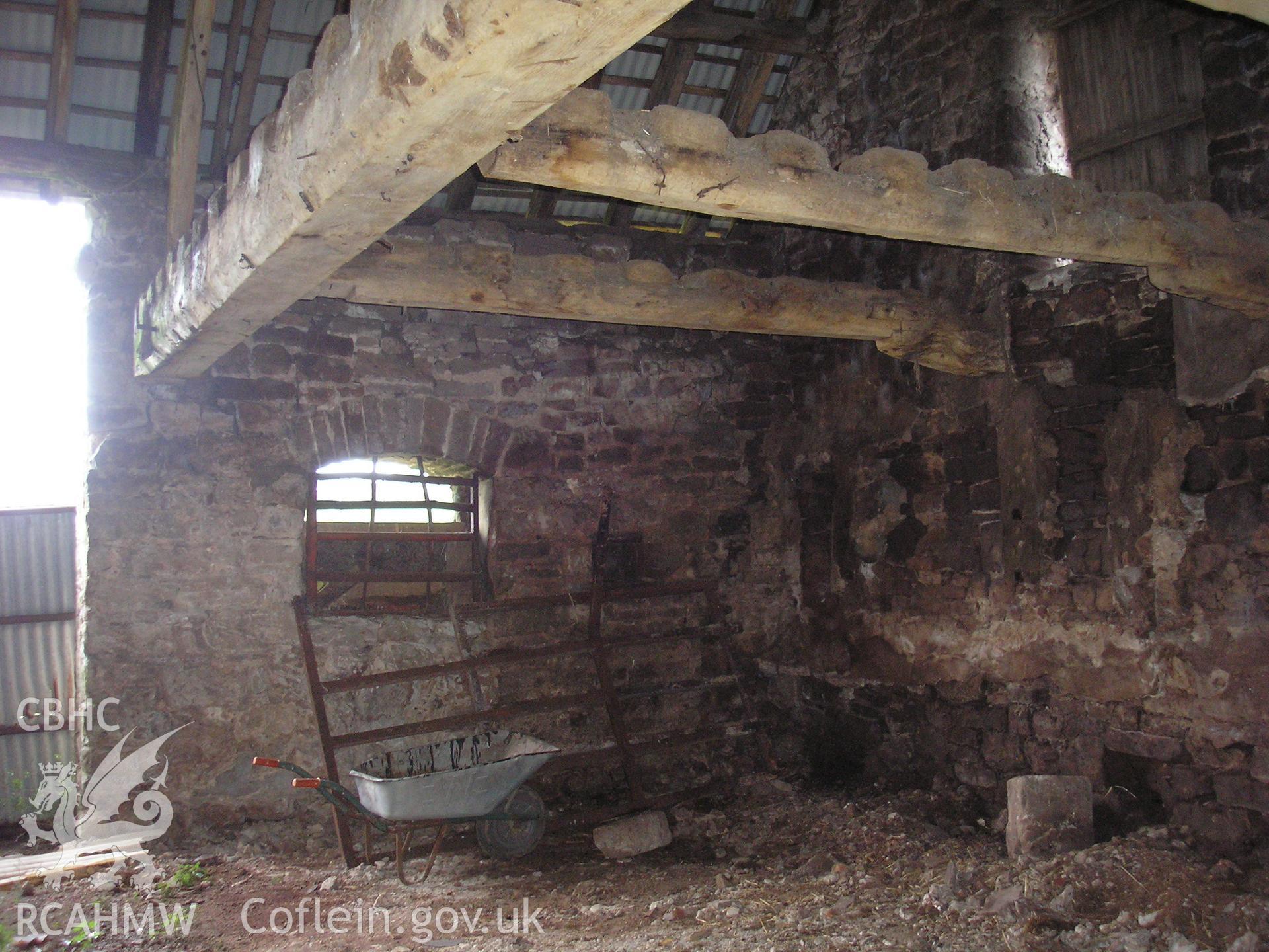 Interior of barn showing roof timbers