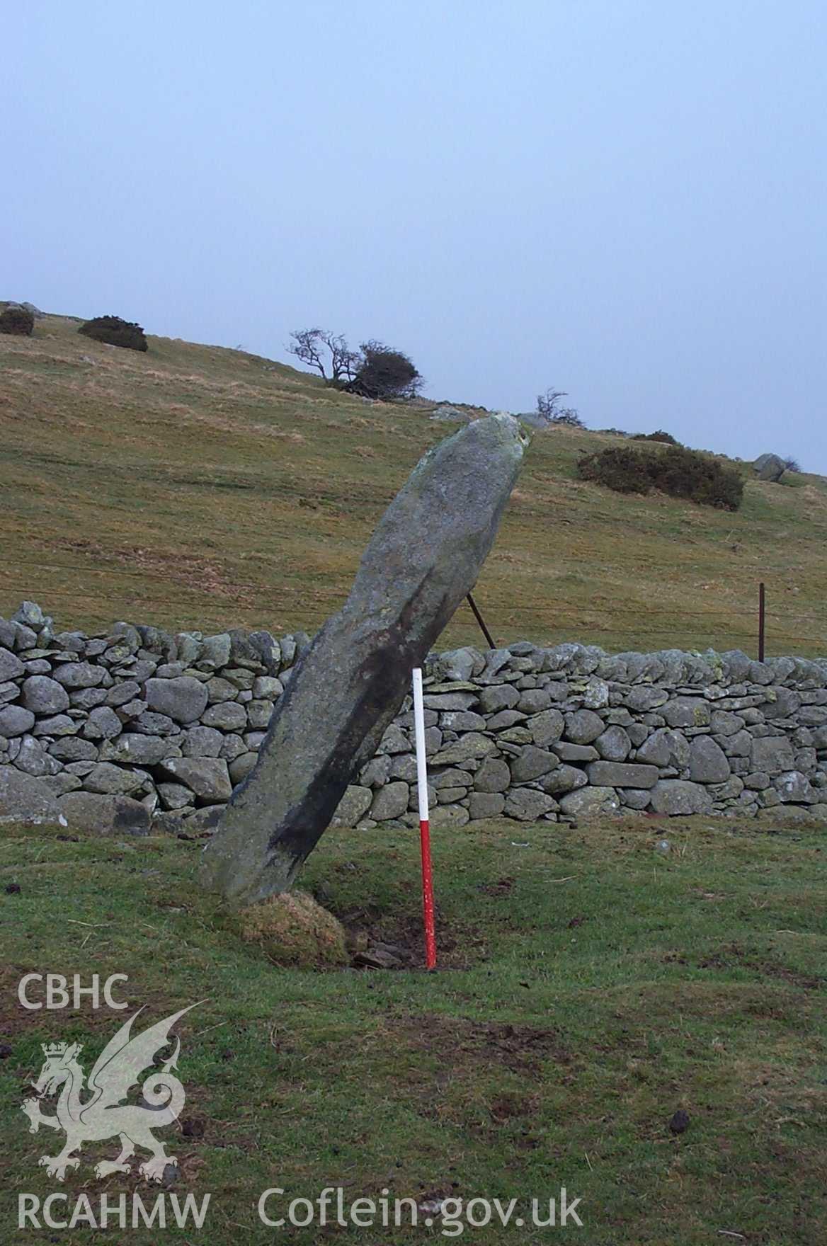 Digital photograph of Picell Arthur Standing Stone, Rowen from the North. Taken by P. Schofield on 30/03/2004 during the Eastern Snowdonia (North) Upland Survey.