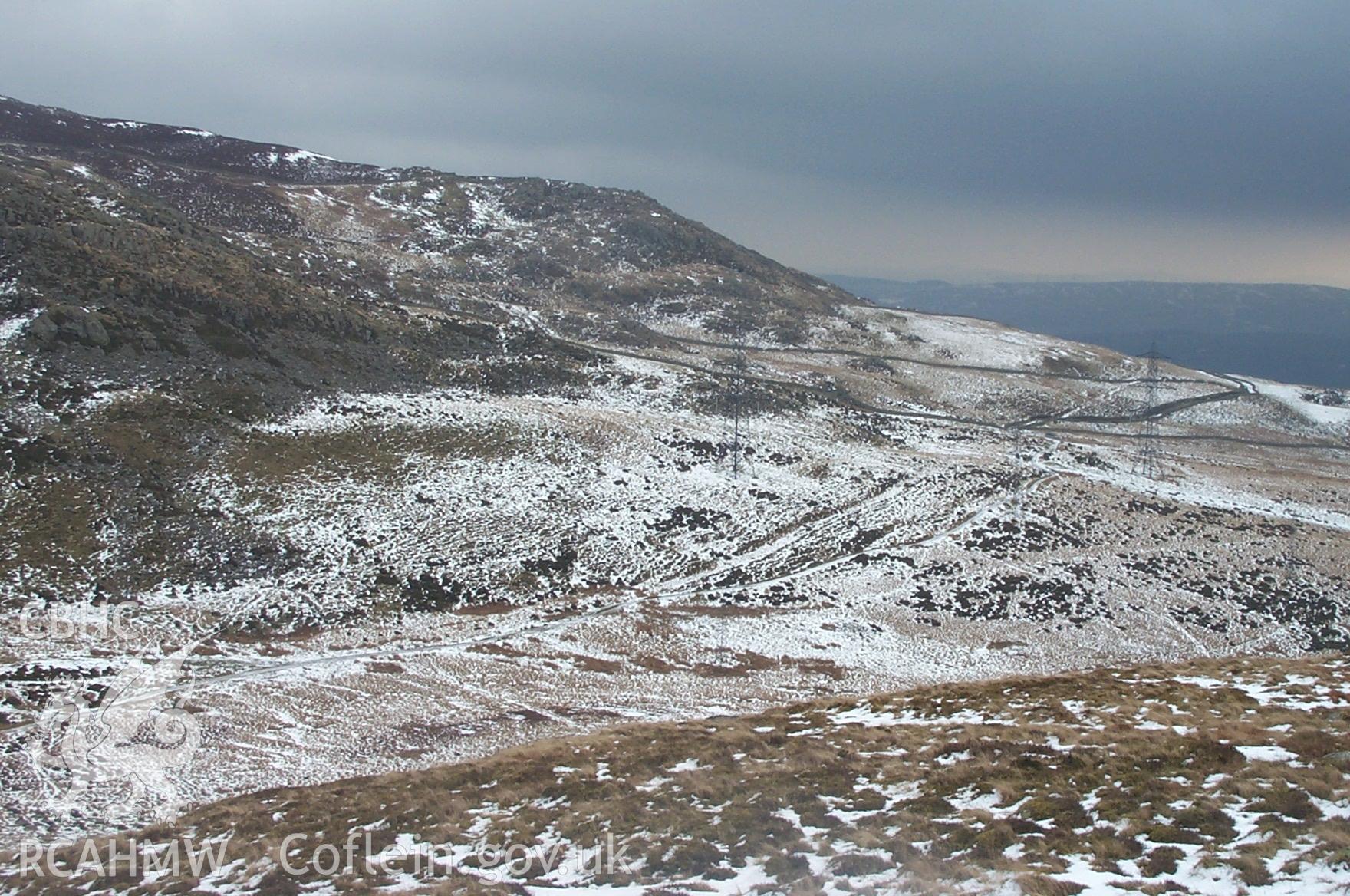 Digital photograph of Bwlch-y-ddeufaen Roman Road Segment (rr67c) of the Roman road. Taken by P. Schofield on 17/02/2004 during the Eastern Snowdonia (North) Upland Survey.