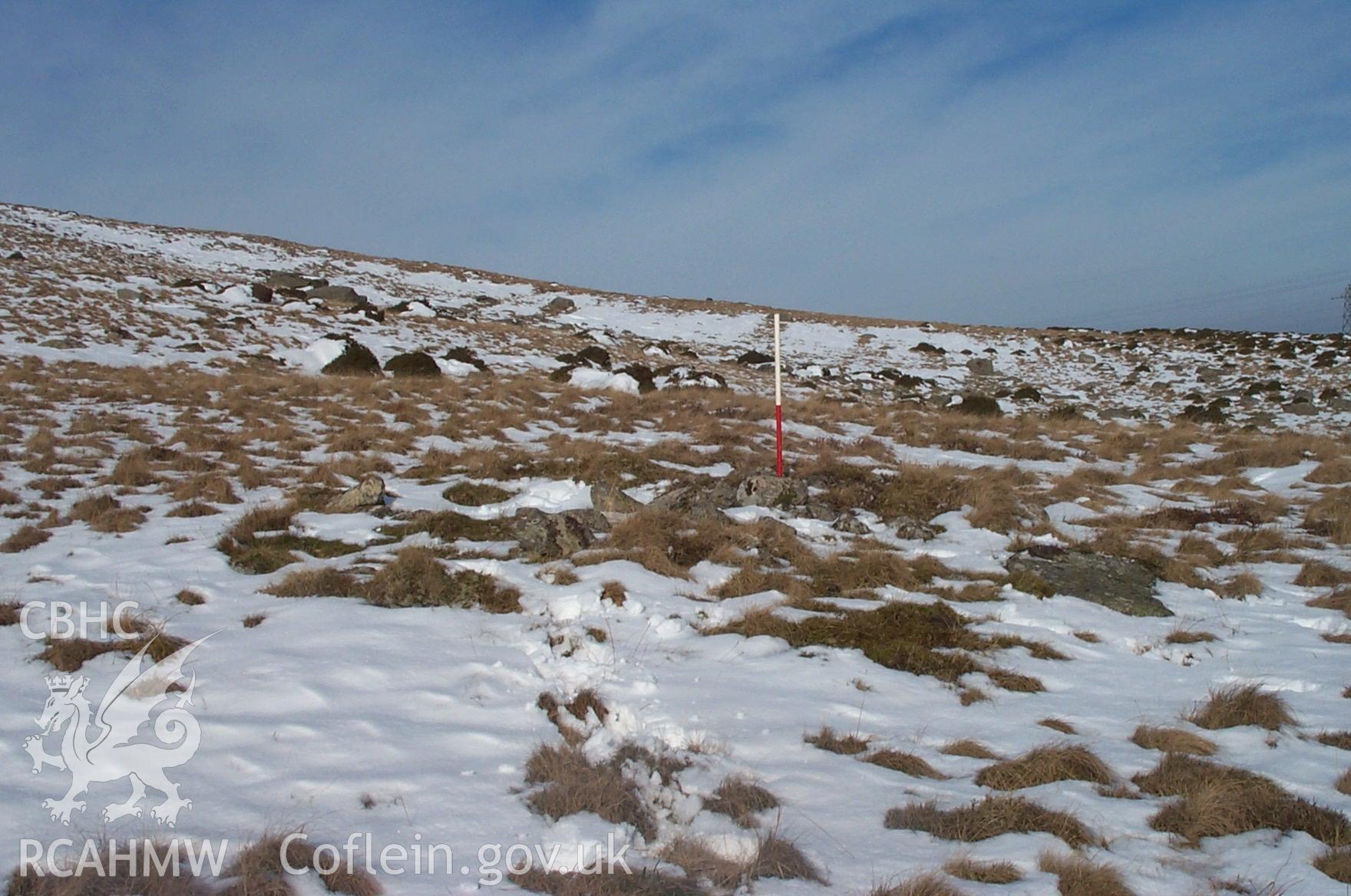 Digital photograph of Y Ddeufaen Cairn from the South-west. Taken by P. Schofield on 02/03/2004 during the Eastern Snowdonia (North) Upland Survey.