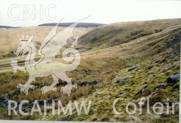 Digital colour photograph showing site 2053m (Hafod), looking northeast; fold in foreground, structure in centre. Enclosure of Lluest (5659w) in background - used in the Glamorgan-Gwent Archaeological Trust Report on the deserted rural settlements of Glamorgan.