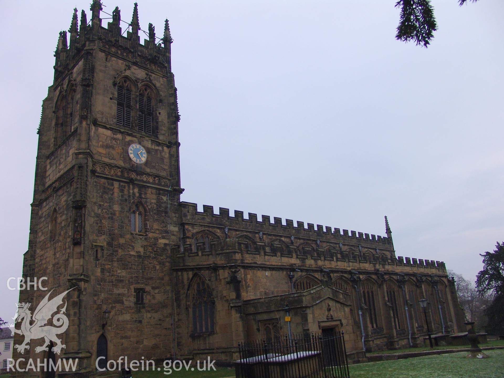 Digital colour photograph showing a three quarter elevation view of All Saints Church, Gresford.