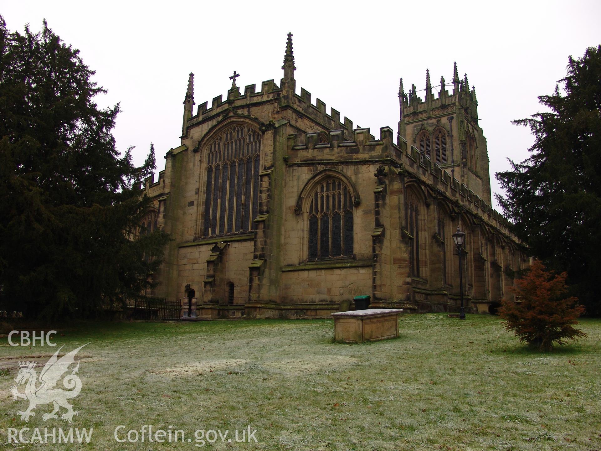 Digital colour photograph showing a three quarter elevation view of All Saints Church, Gresford.