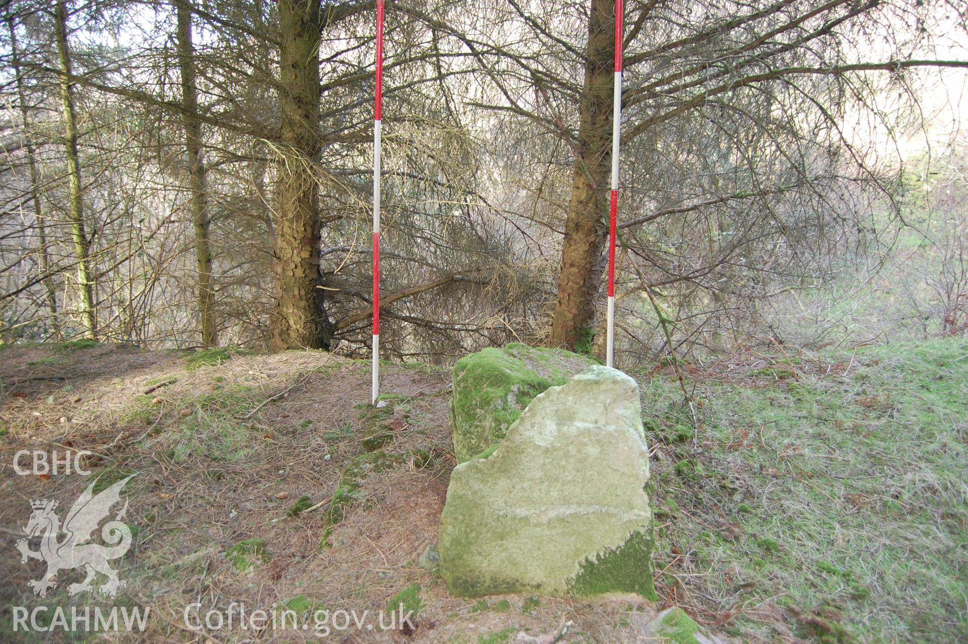 Photo showing 'Southern end of northern terminus of Wall with ranging poles marking original width of Wall' from Archaeological Assessment of Nant Gwrtheyrn Lower Car Park, Nant Gwrtheyrn, Gwynedd produced by Gwynedd Archaeological Trust in 2013, Project No. G2313, Report No.1208.