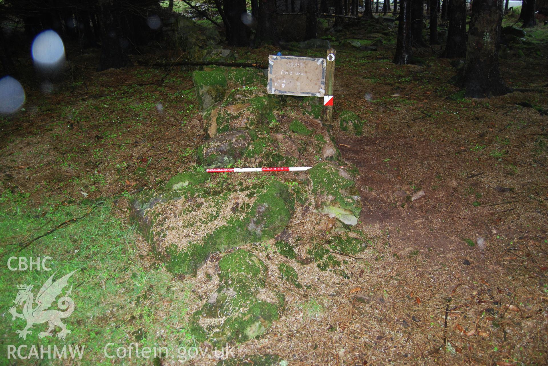 Photo showing 'Pre-ex shot of section of field boundary wall to be removed' from Archaeological Watching Brief of Nant Gwrtheyrn Lower Car Park, Nant Gwrtheyrn, Gwynedd produced by Gwynedd Archaeological Trust in 2013, Project No. G2313, Report No.1208.