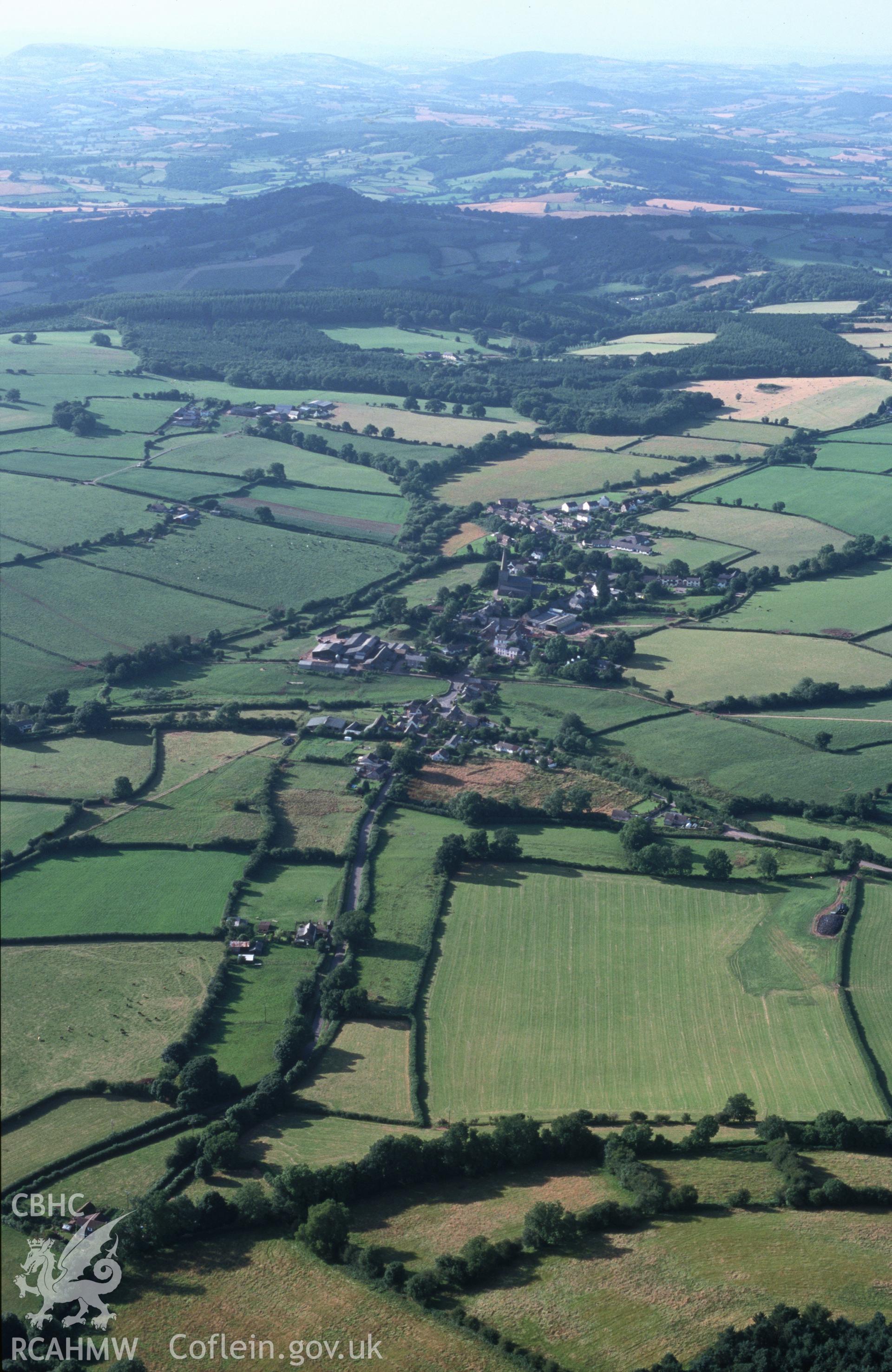 Slide of RCAHMW colour oblique aerial photograph of Trellech Village, taken by T.G. Driver, 22/7/1999.