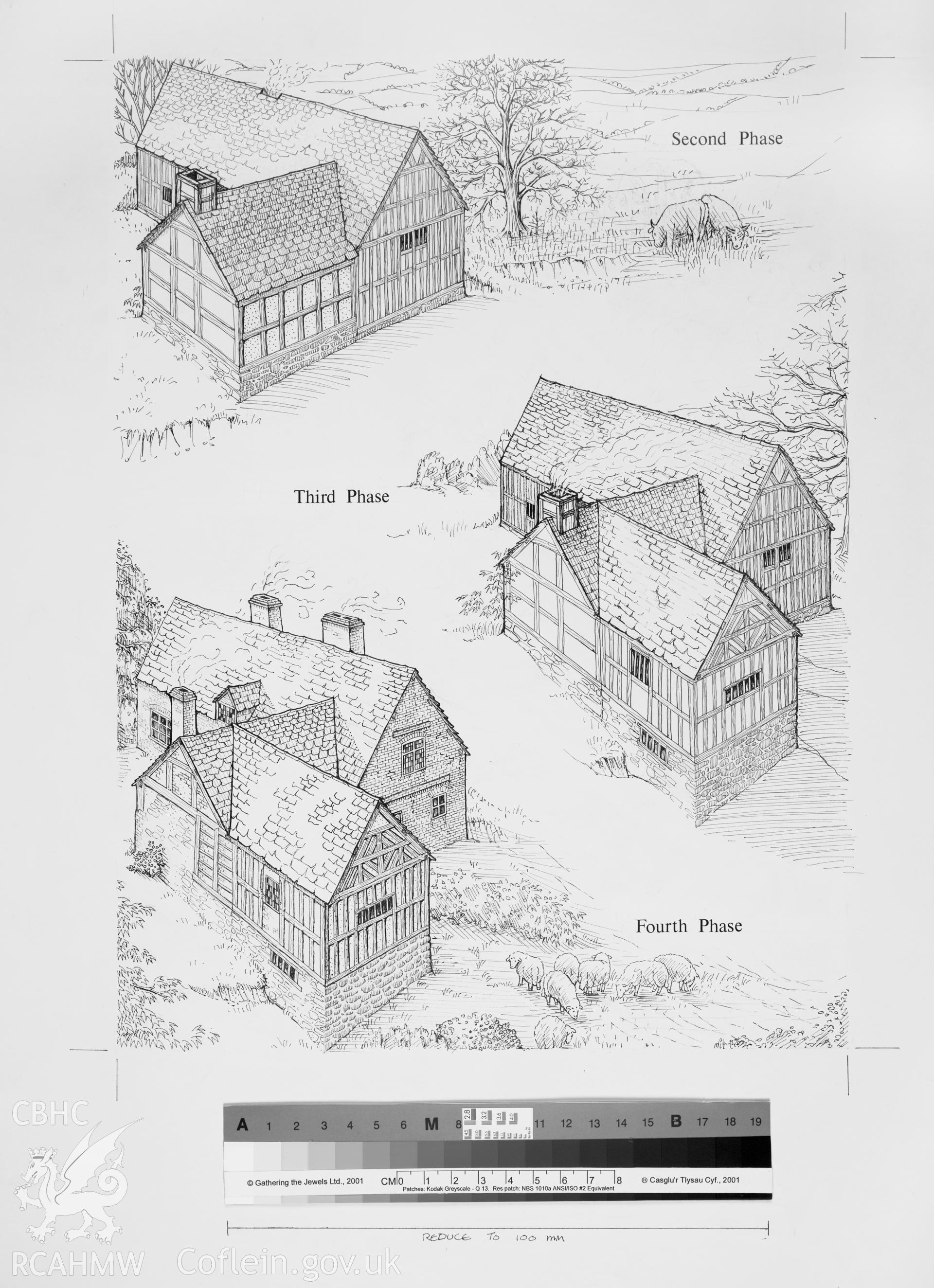 RCAHMW drawing by Jane Durrant, showing reconstruction of the 2nd, 3rd and 4th phases of building at Upper Hem, Forden, published in Archaeologia Cambrensis, 1982.