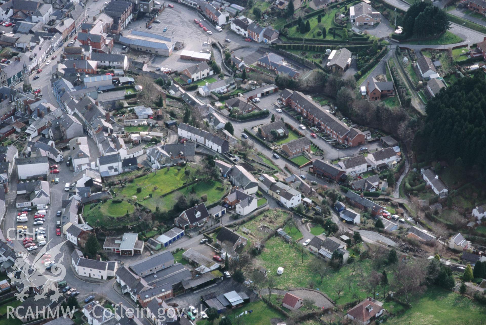 Slide of RCAHMW colour oblique aerial photograph of Knighton, taken by C.R. Musson, 14/3/1999.