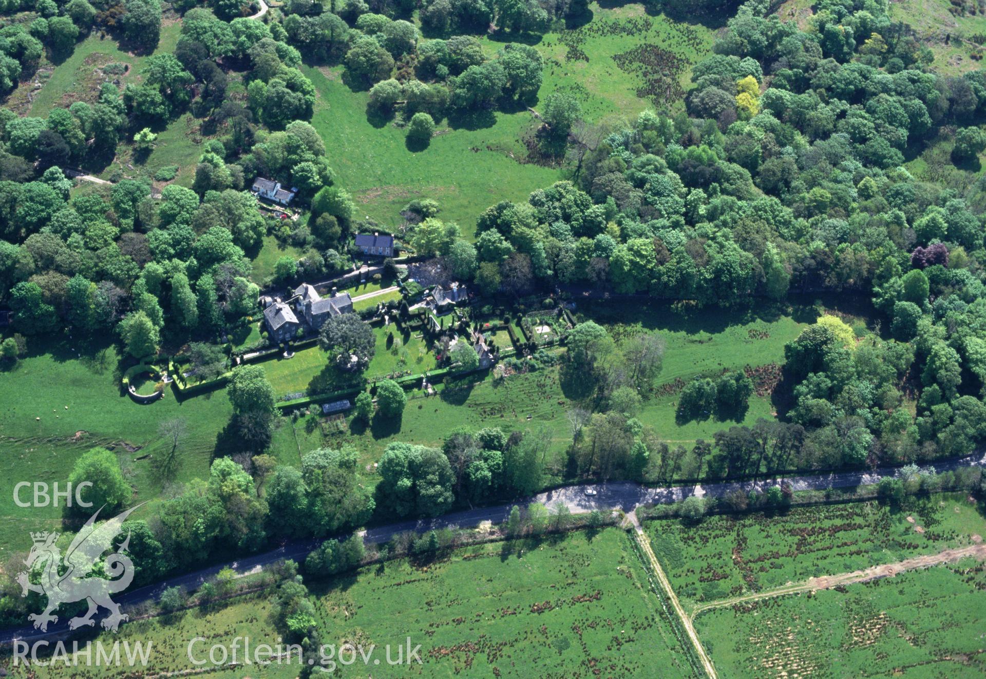 Slide of RCAHMW colour oblique aerial photograph of Plas Brondanw, taken by C.R. Musson, 4/5/1993.