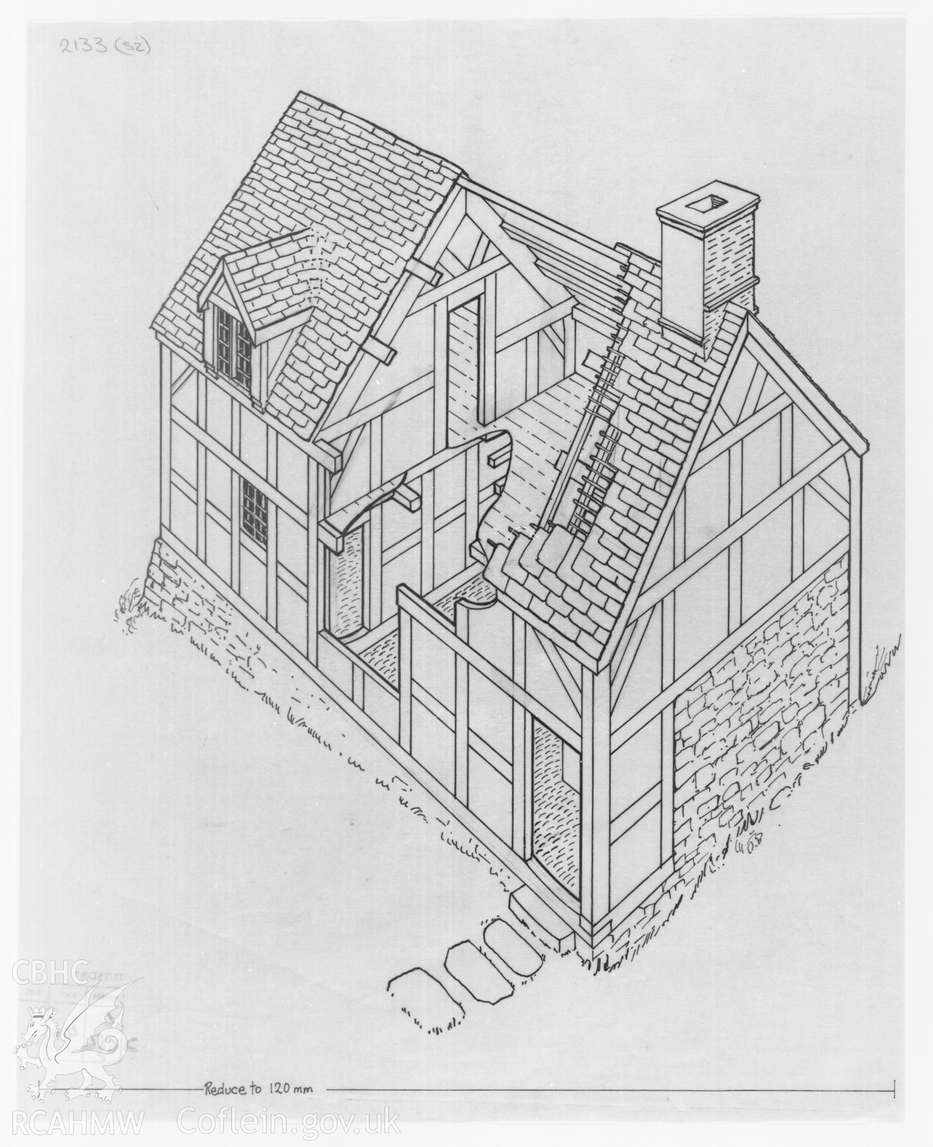 RCAHMW drawing showing cutaway view of  Bron Rhys, Tregynon, published in Houses of the Welsh Countryside, fig 119.