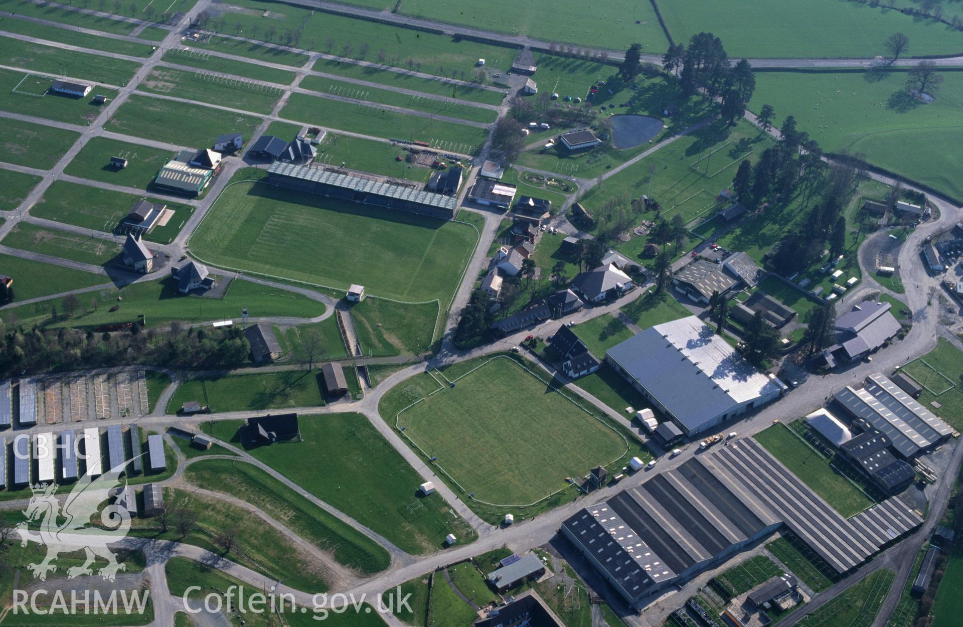 Slide of RCAHMW colour oblique aerial photograph of Royal Welsh Showground, Llanelwedd, taken by C.R. Musson, 12/4/1995.