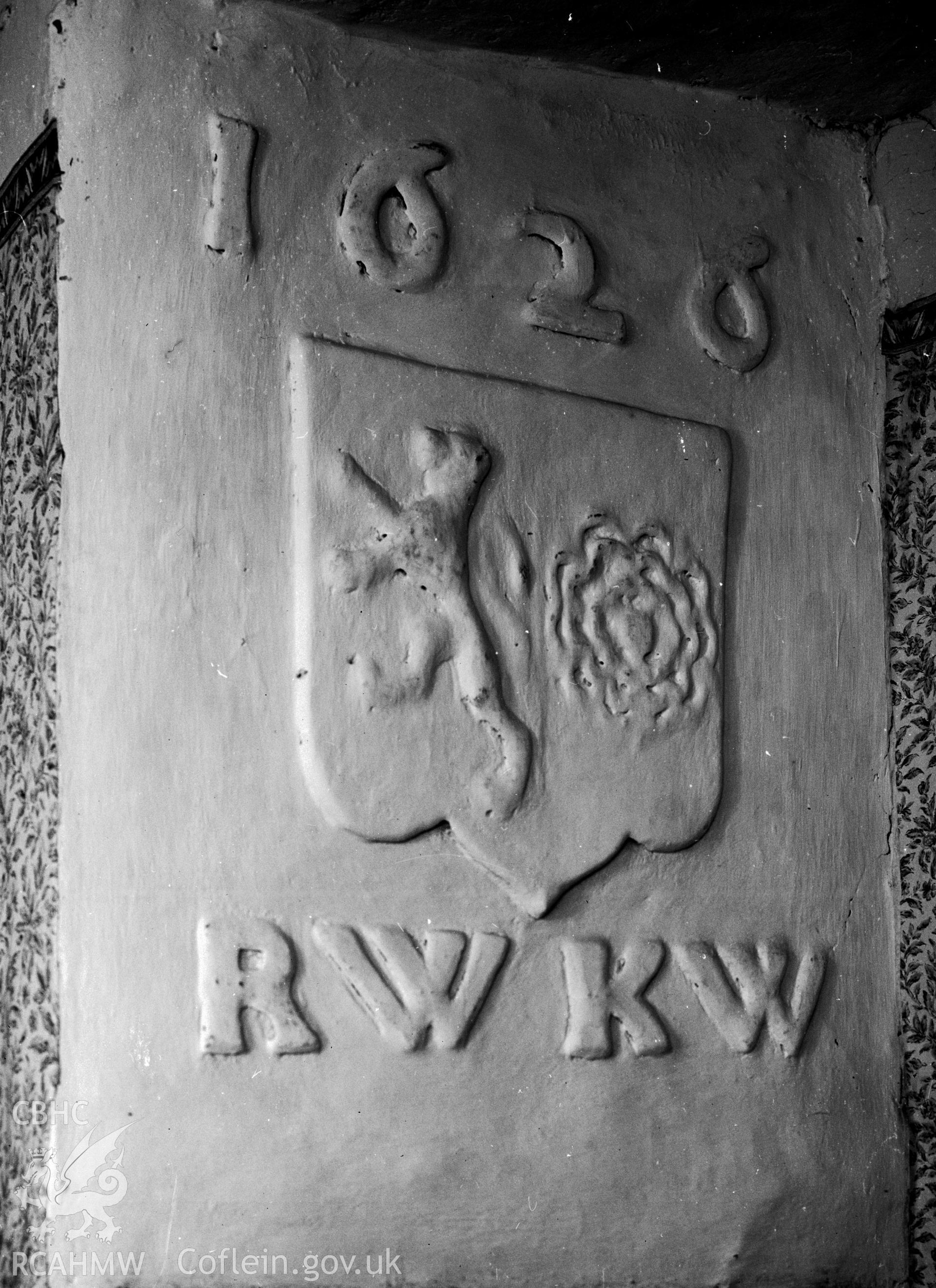 A view of a plasterwork showing a coat of arms.