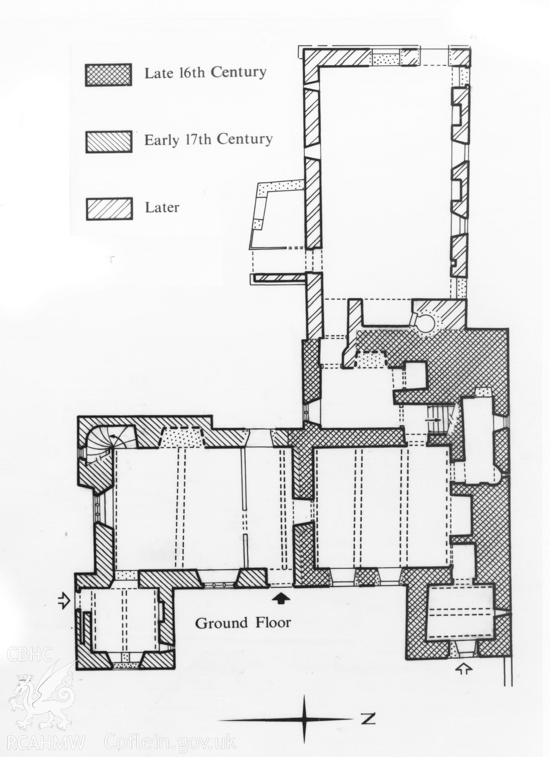 RCAHMW drawing showing plan, elevation and reconstruction view of Great House, Laleston, published in Glamorgan IV, fig  57.