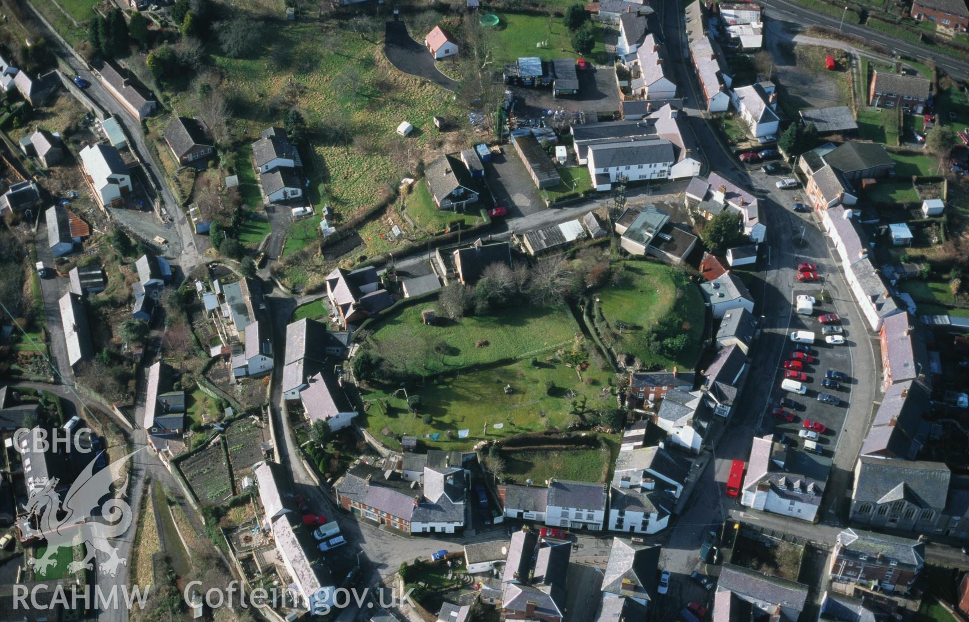 Slide of RCAHMW colour oblique aerial photograph of Knighton Castle, taken by T.G. Driver, 13/2/2001.