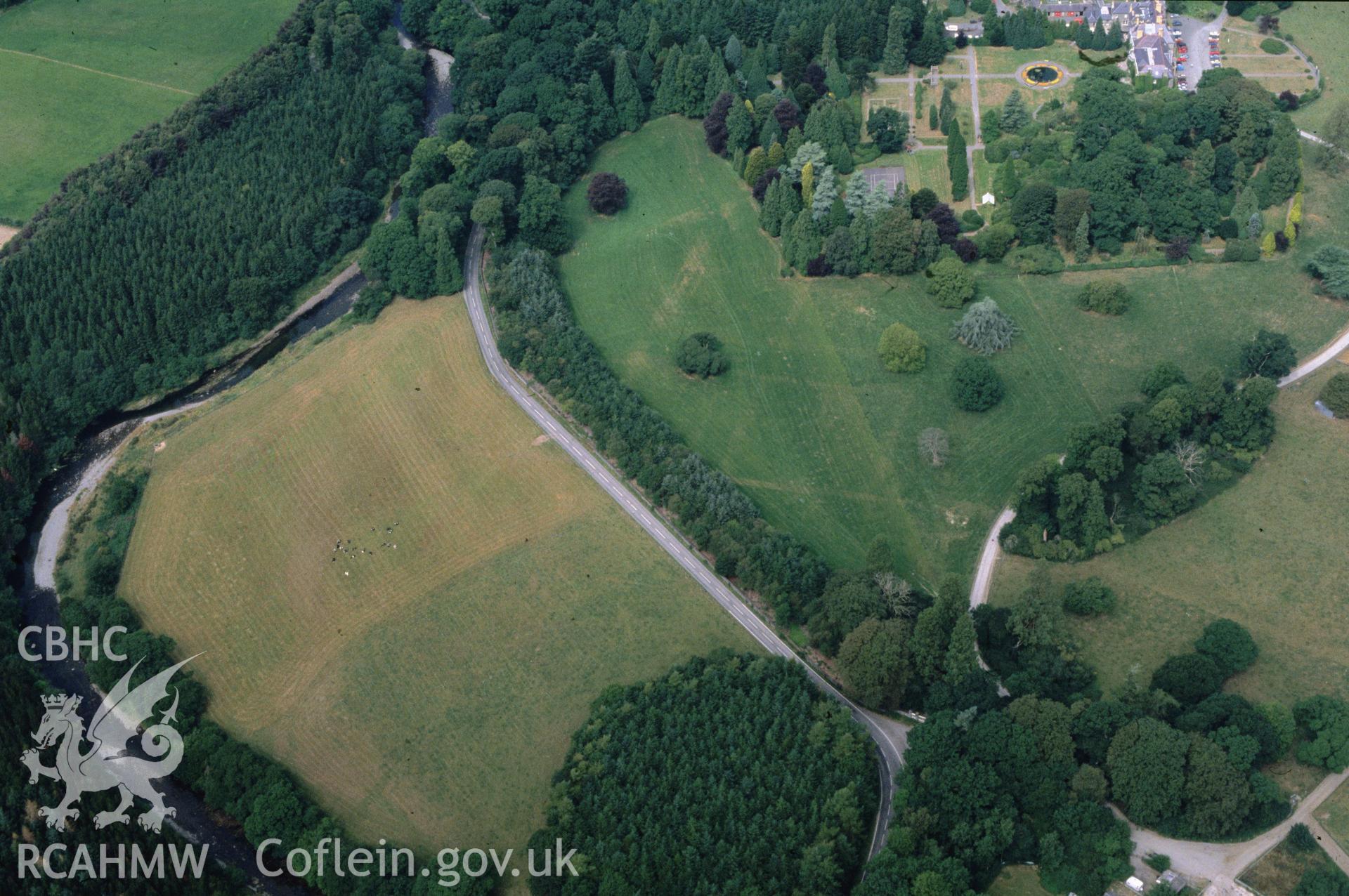 Slide of RCAHMW colour oblique aerial photograph of Trawsgoed Roman Fort, taken by C.R. Musson, 8/8/1989.