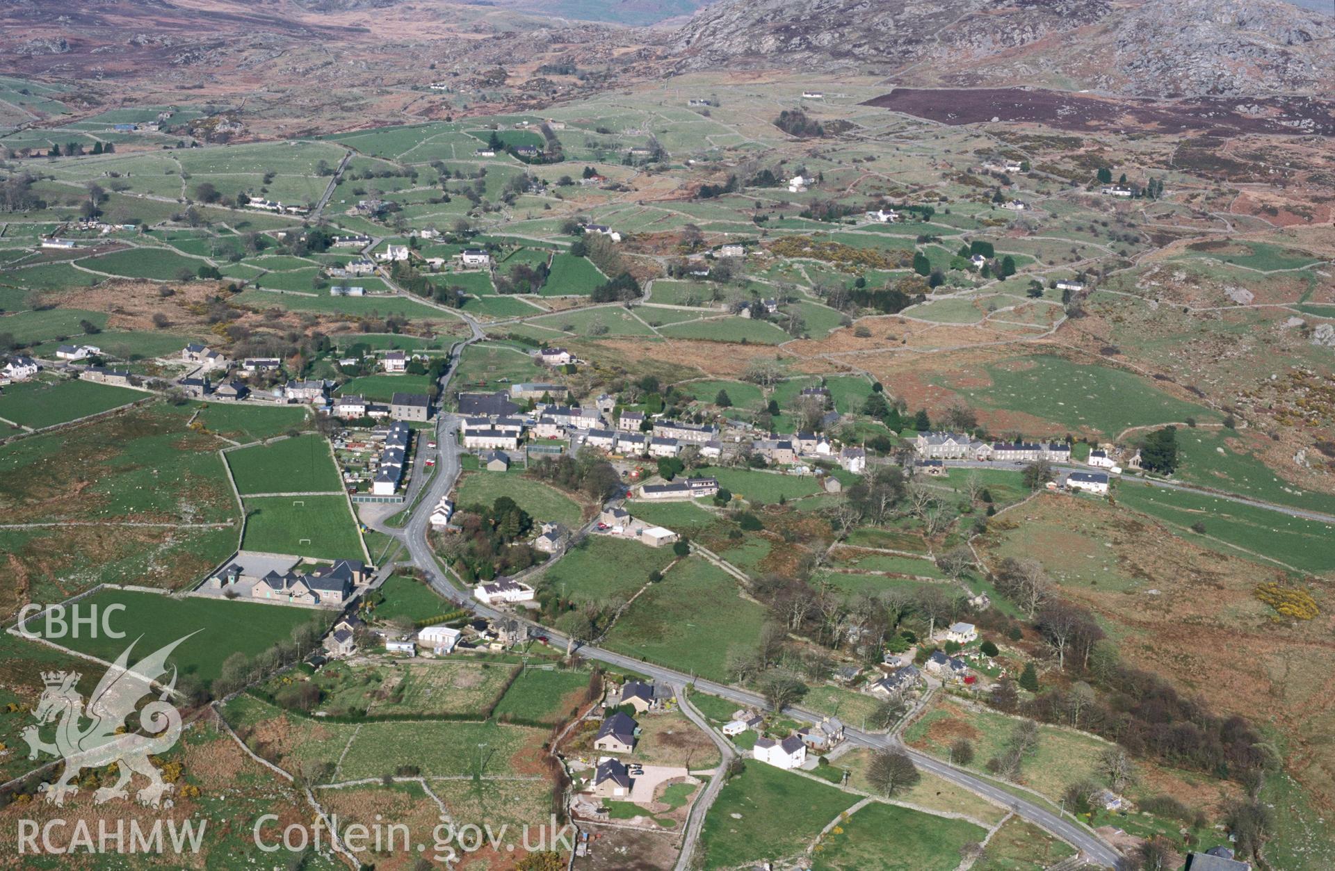 Slide of RCAHMW colour oblique aerial photograph of Garndolbenmaen, taken by T.G. Driver, 30/3/2000.