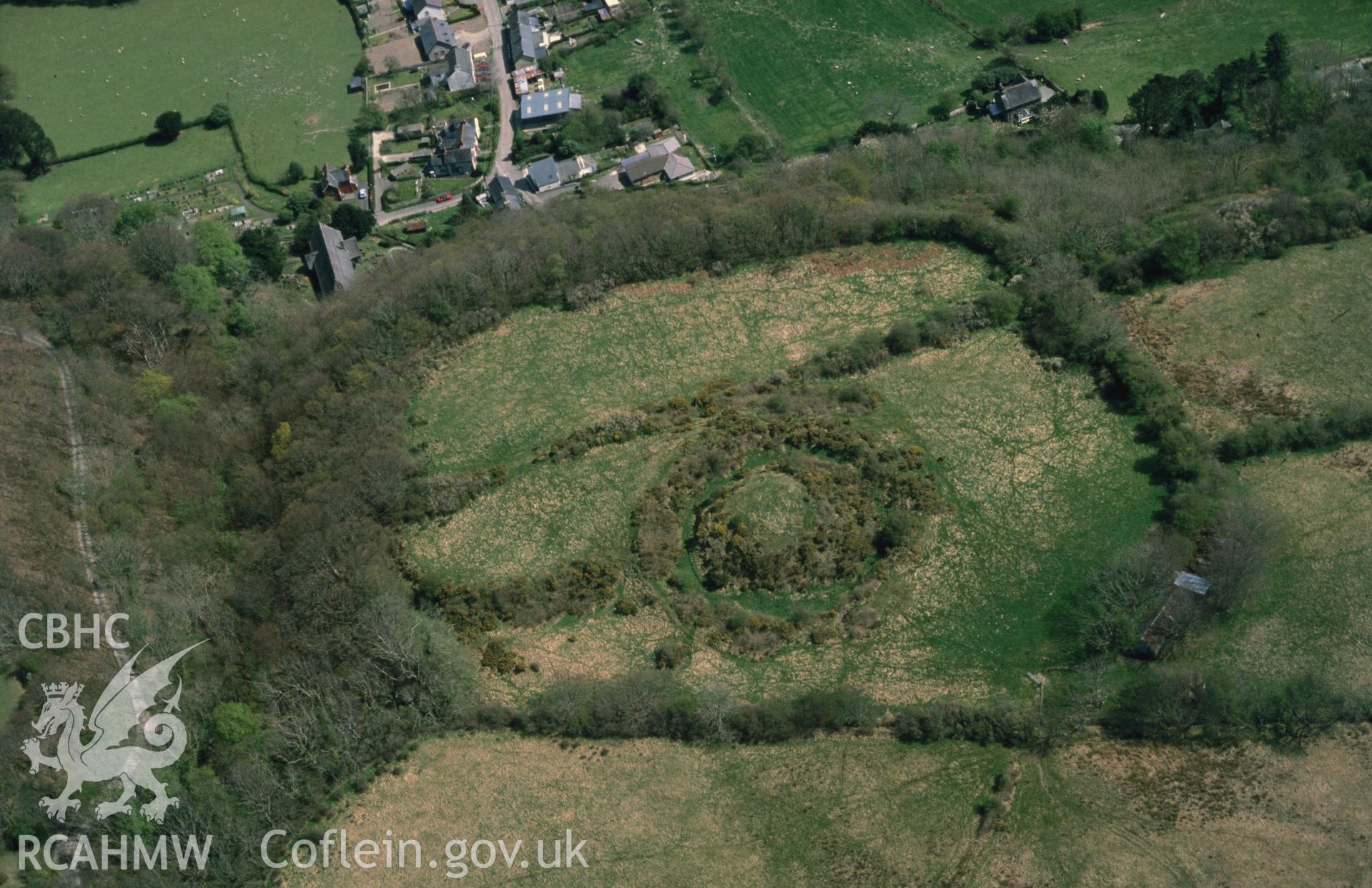 Slide of RCAHMW colour oblique aerial photograph of Castell Gwallter, taken by C.R. Musson, 25/4/1989.