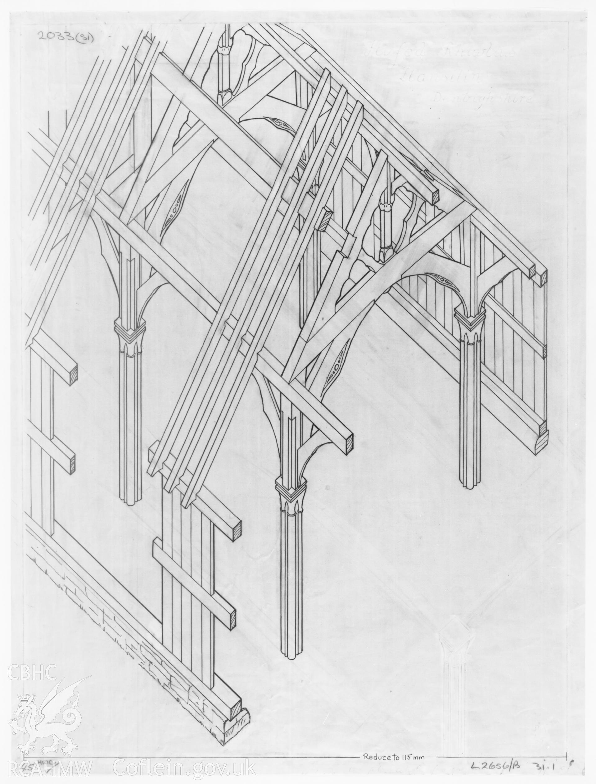 RCAHMW drawing showing reconstruction of Hafod, Llansilin, published in Houses of the Welsh Countryside, fig 45.