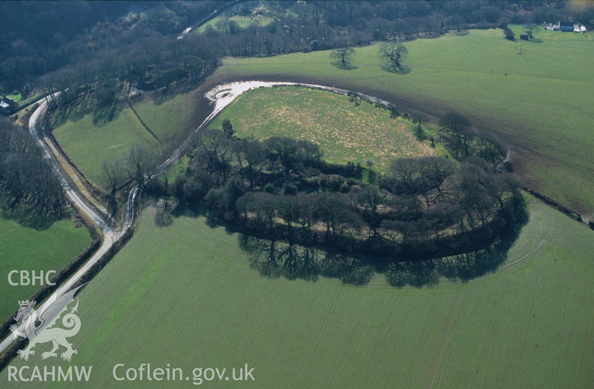 RCAHMW colour slide oblique aerial photograph of Castell Cymmer, New Moat, taken by C.R.Musson on the 27/02/1996