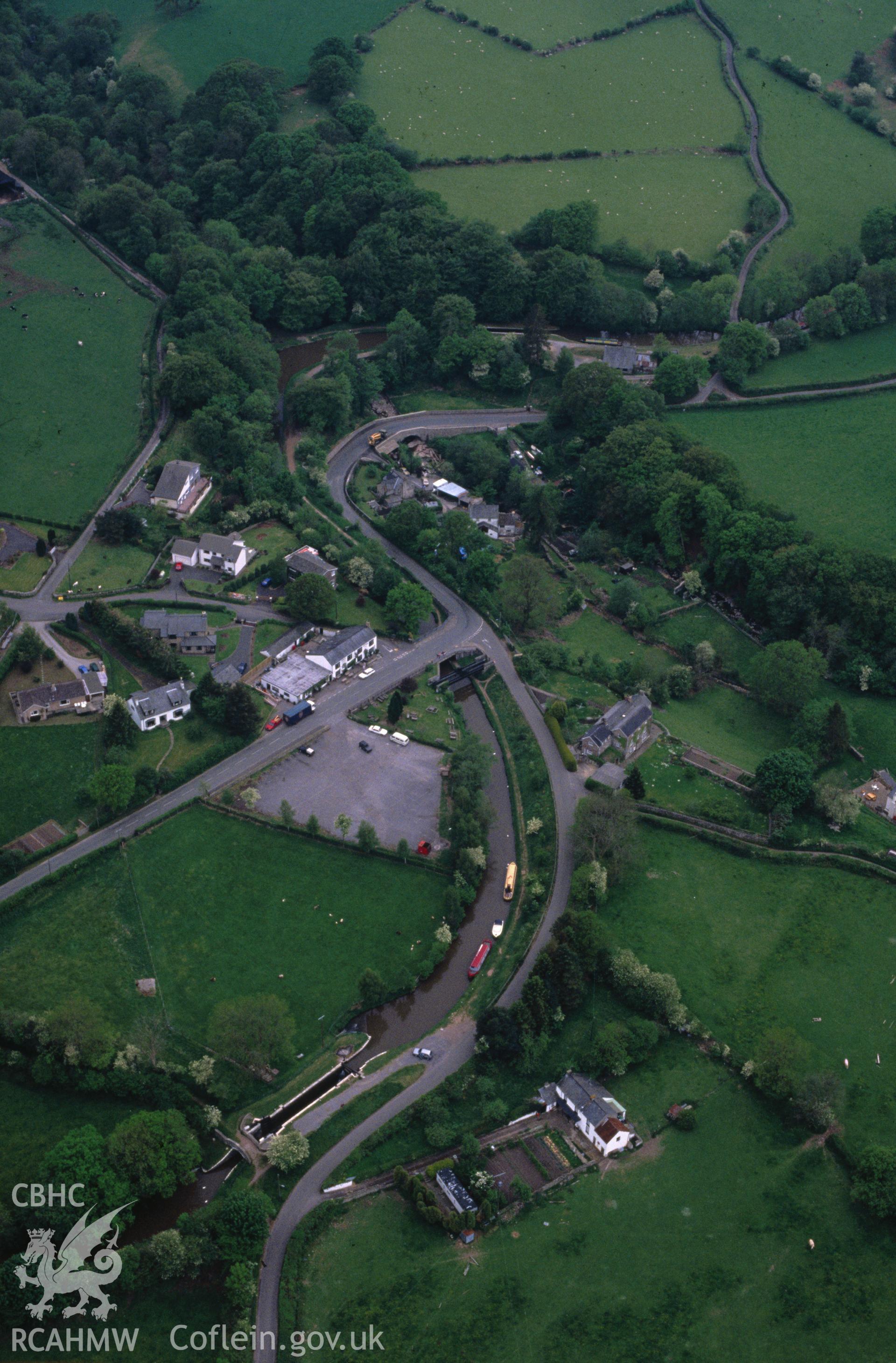 Slide of RCAHMW colour oblique aerial photograph of Llangynidr Canal Bridge, taken by C.R. Musson, 11/5/1990.