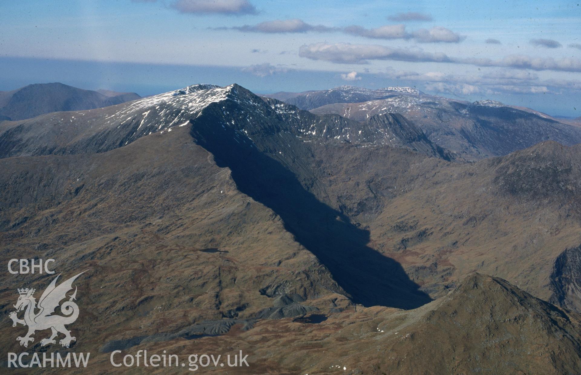 RCAHMW colour slide oblique aerial photograph of Snowdon Summit Railway Terminus, Betws Garmon, taken by C.R.Musson on the 30/03/1996