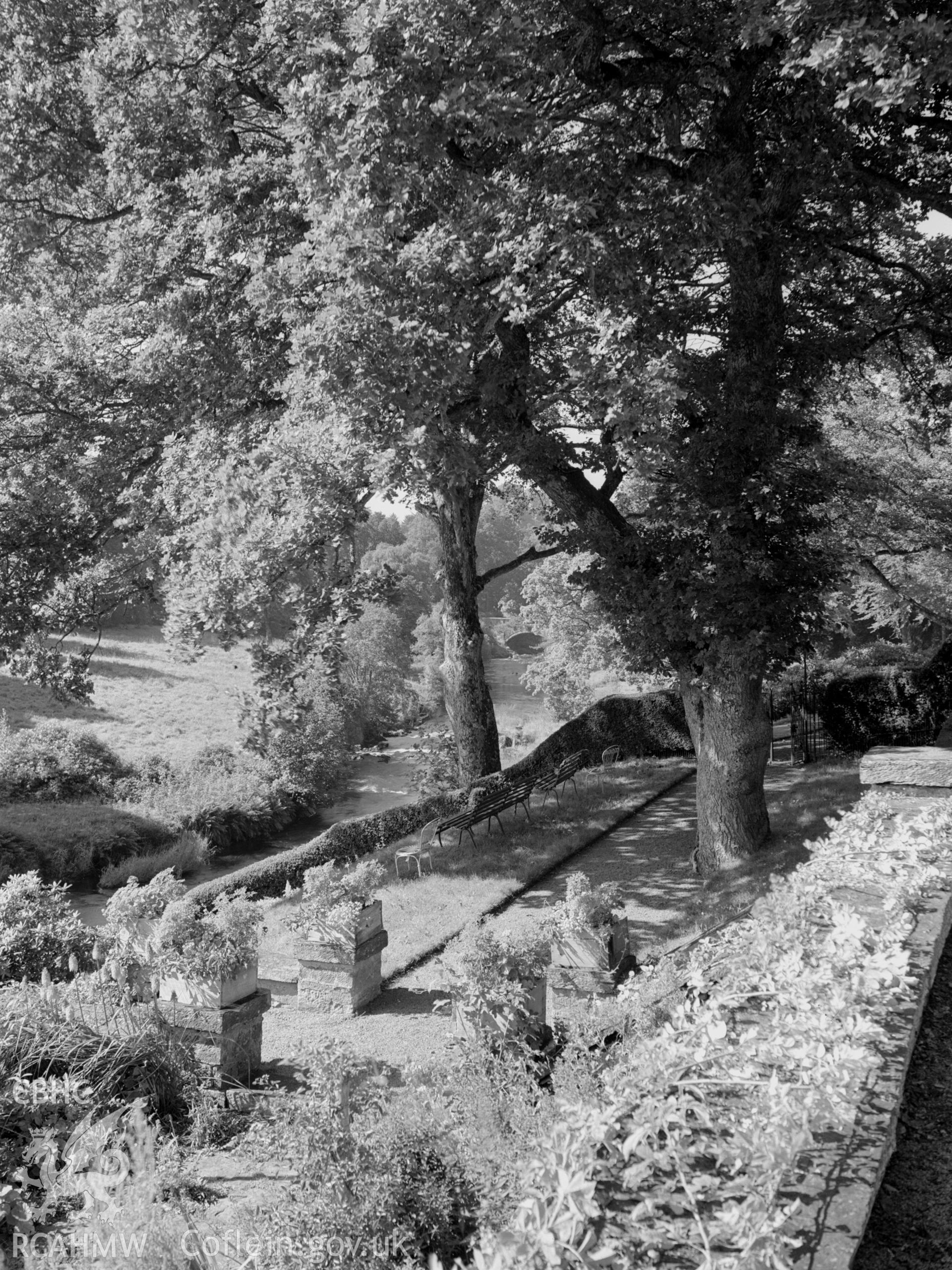 Black and white photograph of garden features at Voelas Hall  Pentrefoelas, produced by George Bernard Mason as part of the National Buildings Record