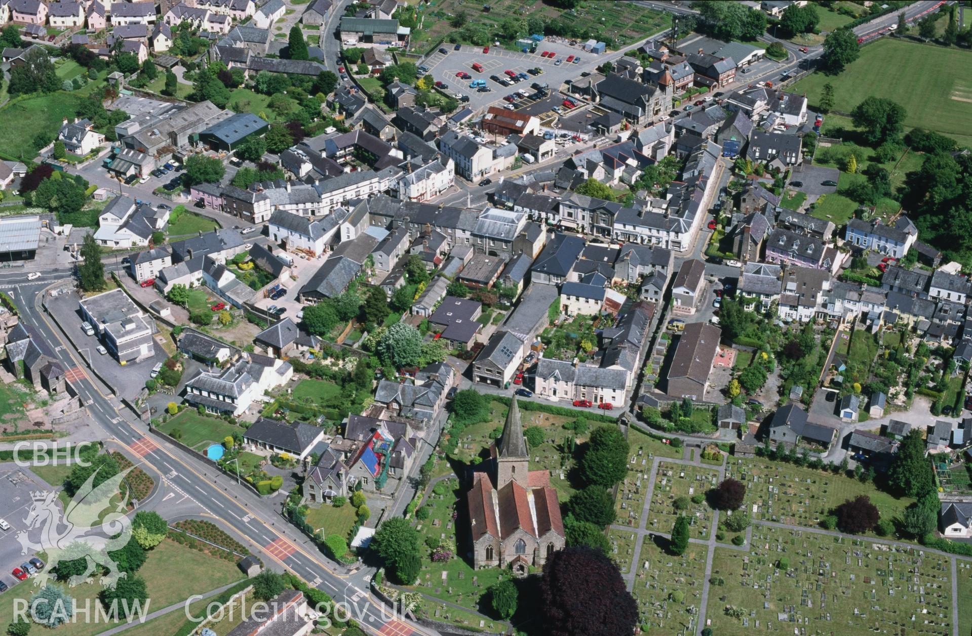 Slide of RCAHMW colour oblique aerial photograph of Crickhowell;crughywel  (medieval Town), taken by T.G. Driver, 21/6/2001.