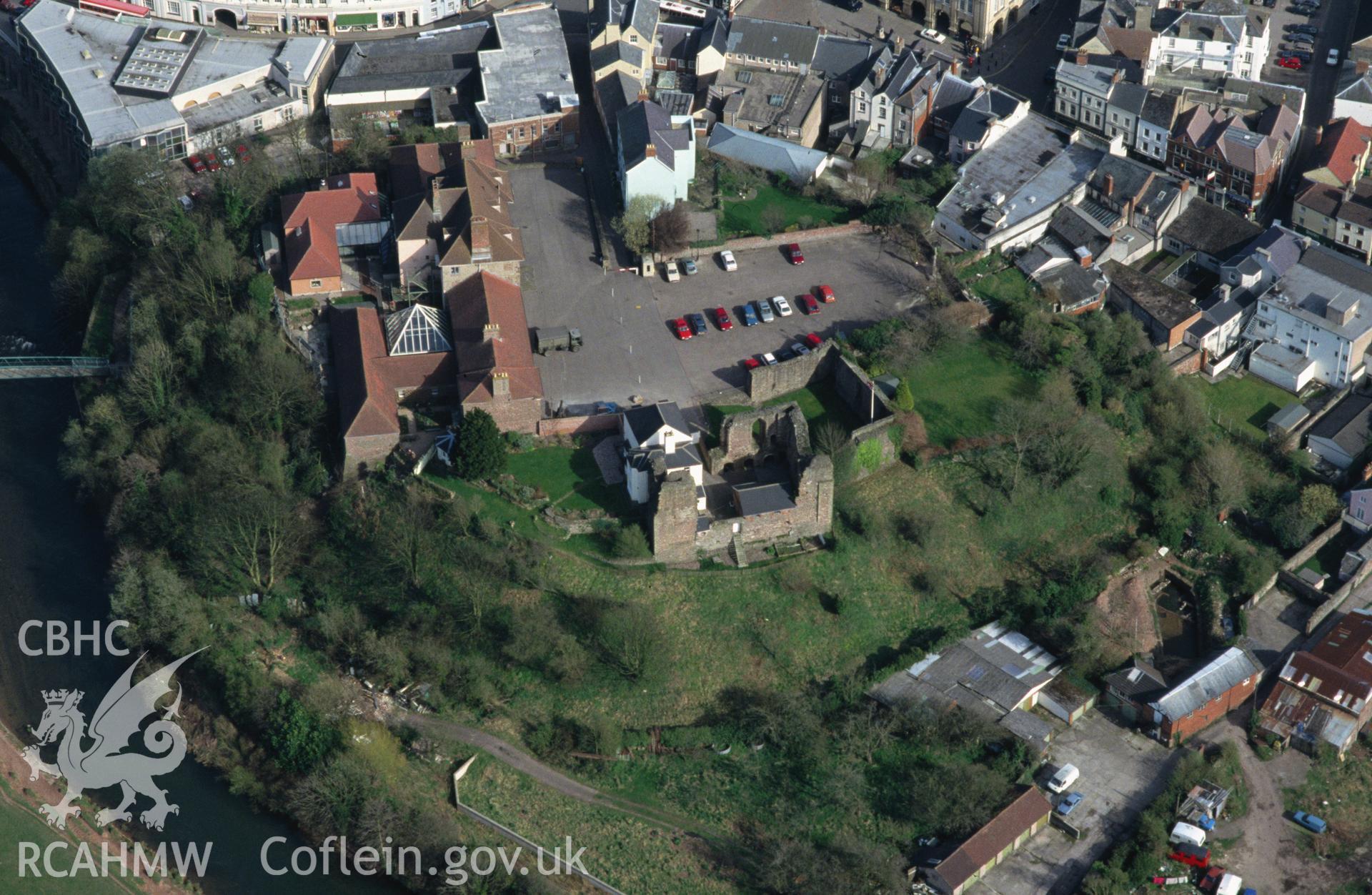 RCAHMW colour slide oblique aerial photograph of Monmouth Castle, Monmouth, taken by C.R. Musson, 24/03/94