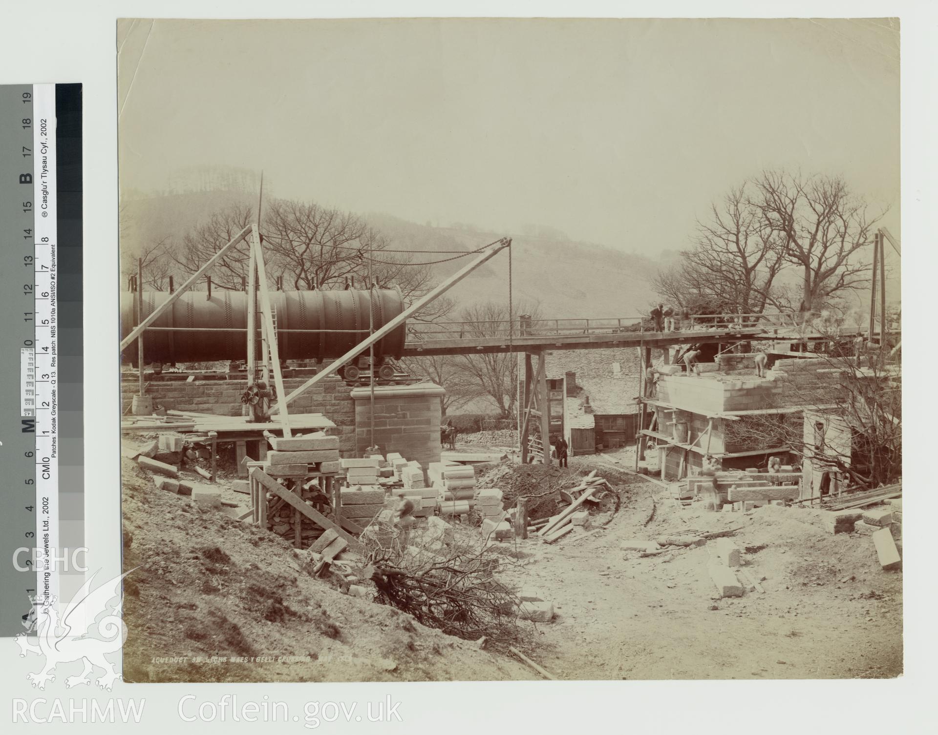 Black and white photograph of Elan Aqueduct showing  Maes Y Gelli Crossing. Copy negative held.