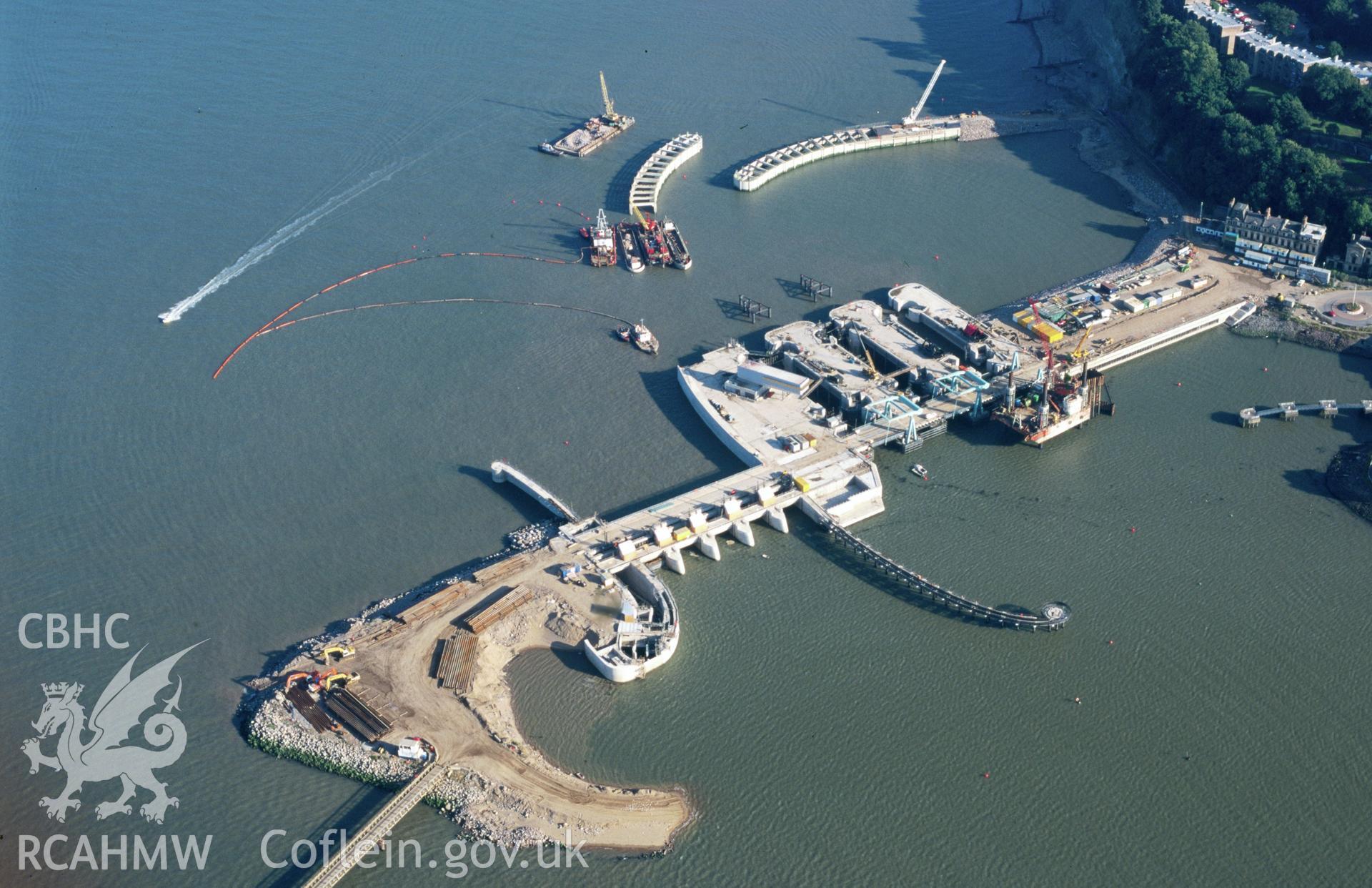 Slide of RCAHMW colour oblique aerial photograph of Cardiff Bay Barrage, Cardiff Bay, taken by C.R. Musson, 5/8/1998.