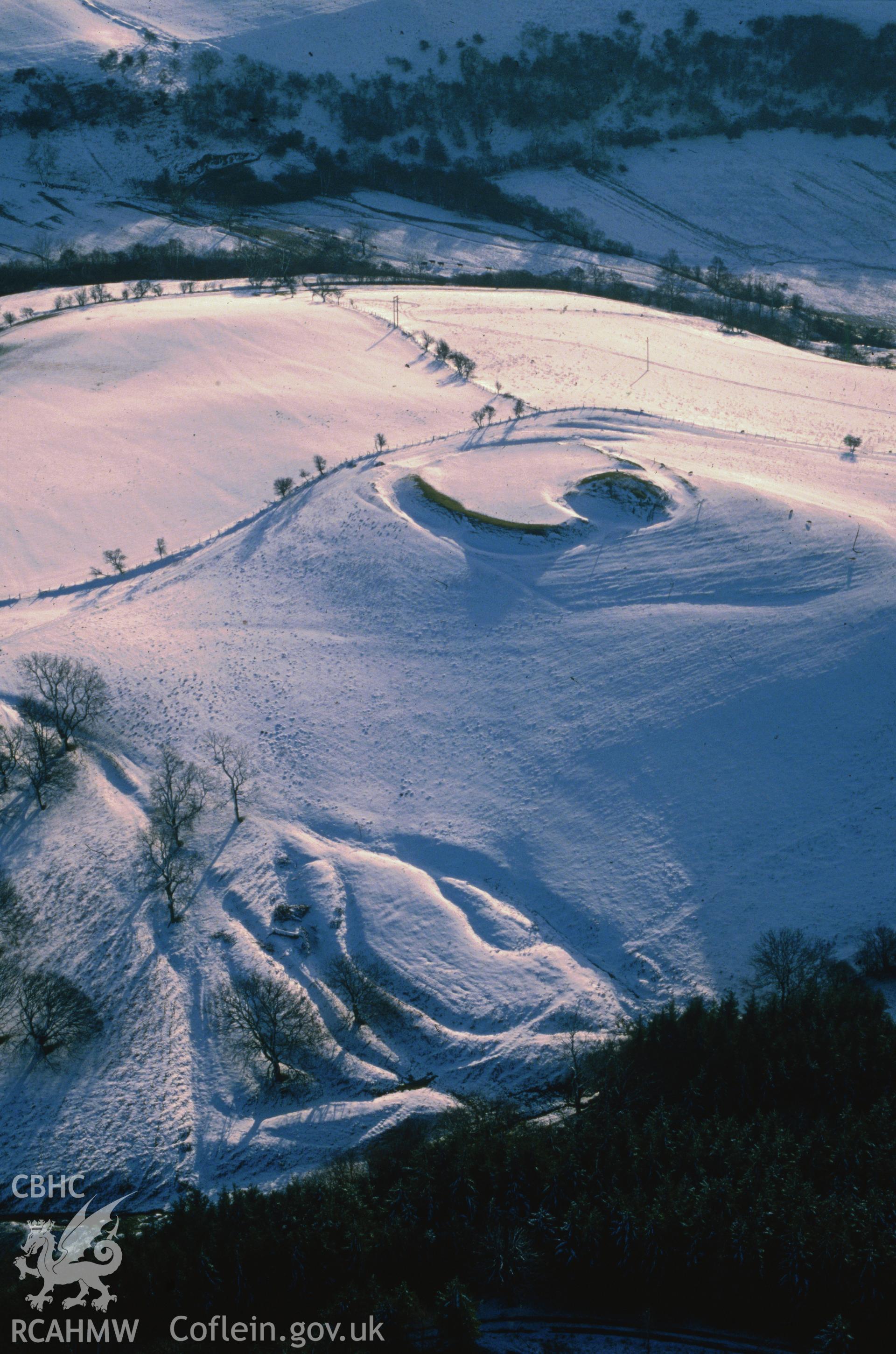 Slide of RCAHMW colour oblique aerial photograph of Castell Crugerydd;crug Eryr, taken by C.R. Musson, 11/1/1992.