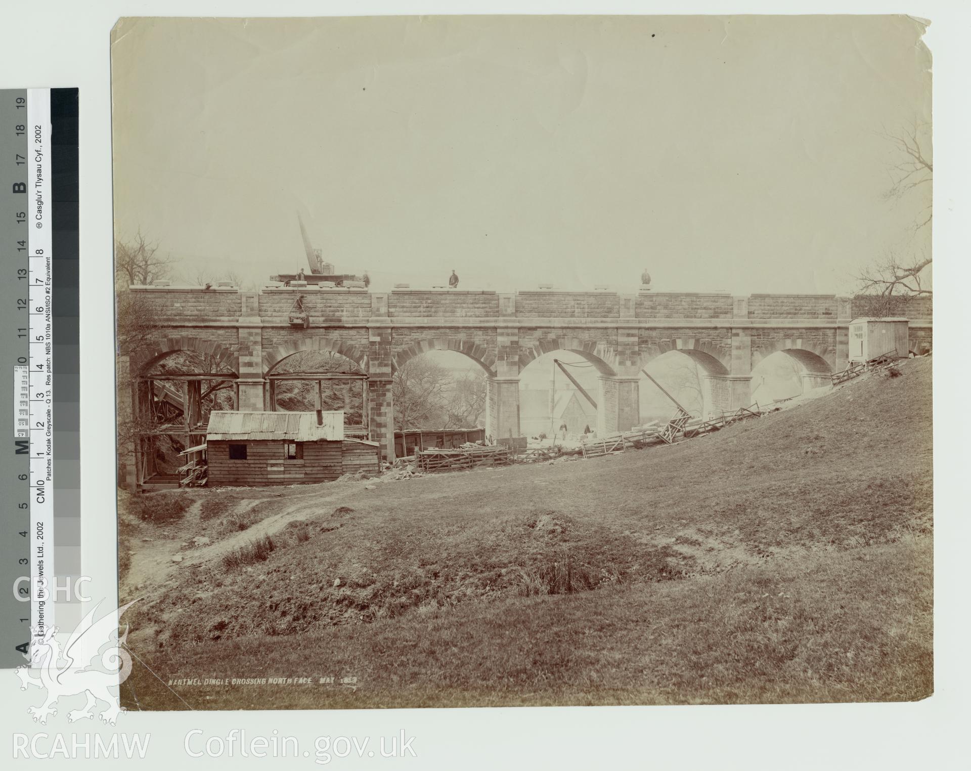 Black and white photograph of Elan Aqueduct, Nantmel Dingle Crossing, showing North face. Copy negative held.