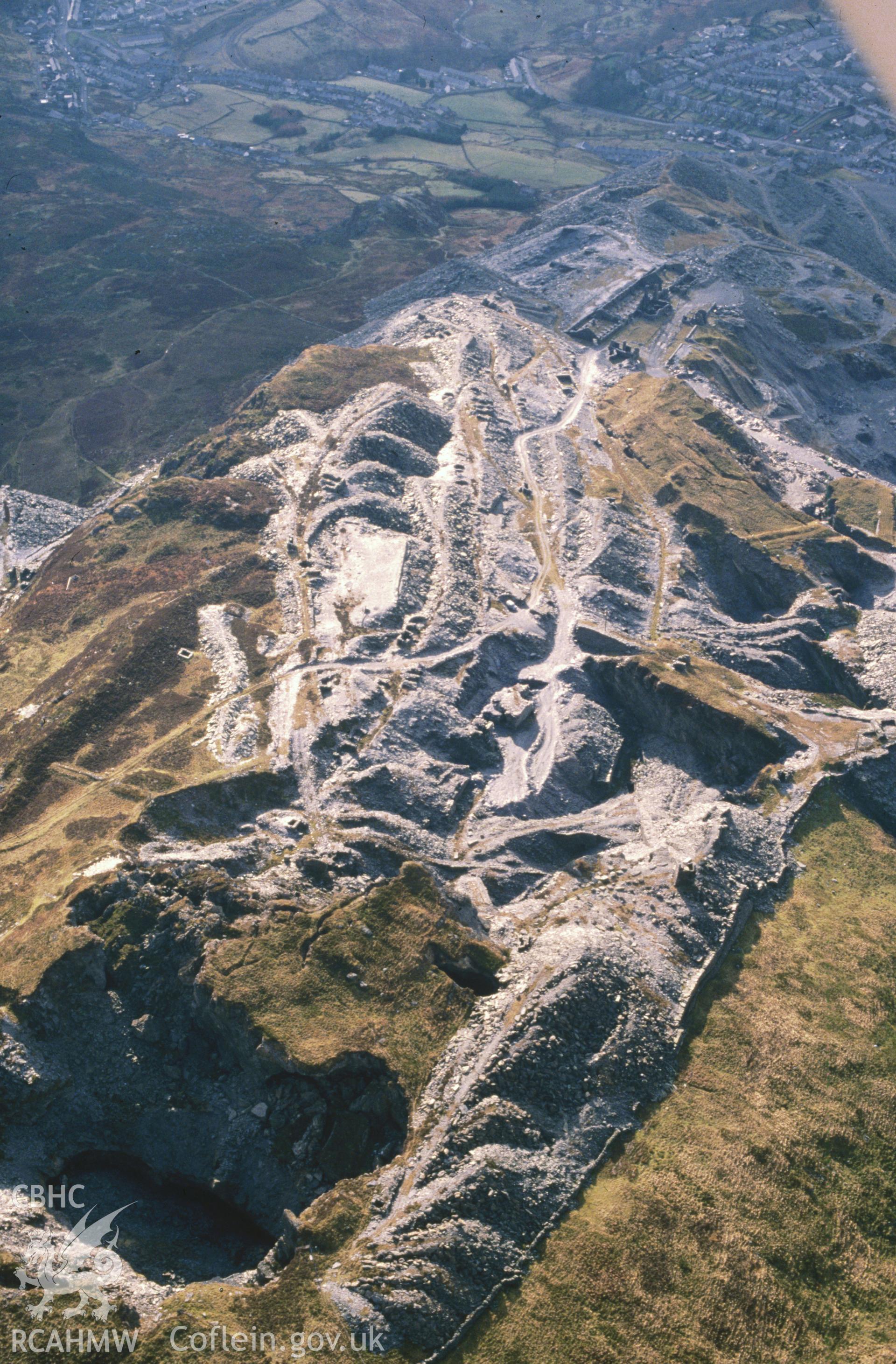 Slide of RCAHMW colour oblique aerial photograph of Diffwys Slate Quarry, Blaenau Ffestiniog, taken by C.R. Musson, 26/2/1991.