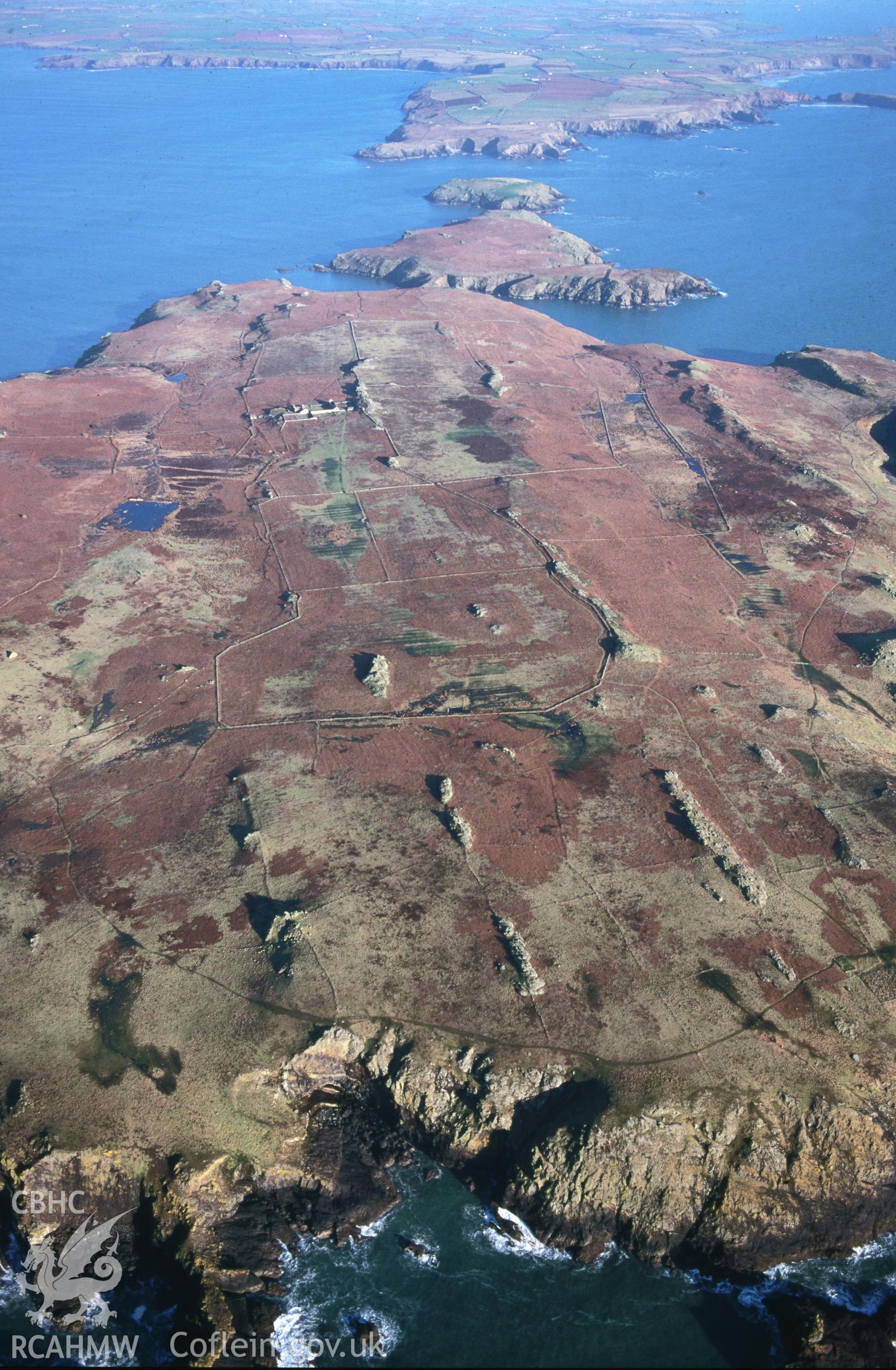 Slide of RCAHMW colour oblique aerial photograph of Field System, Skomer Island, taken by T.G. Driver, 14/2/2001.