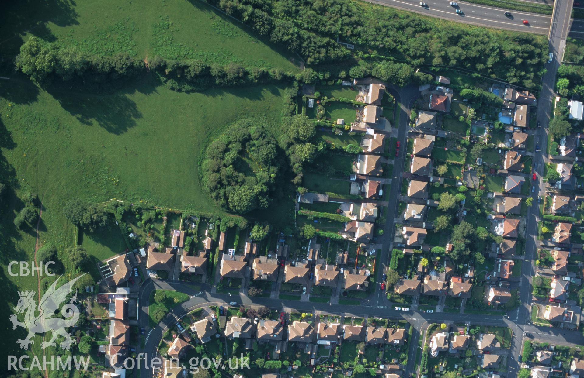 Slide of RCAHMW colour oblique aerial photograph of Twmpath Motte, Rhiwbina, taken by T.G. Driver, 5/8/1998.