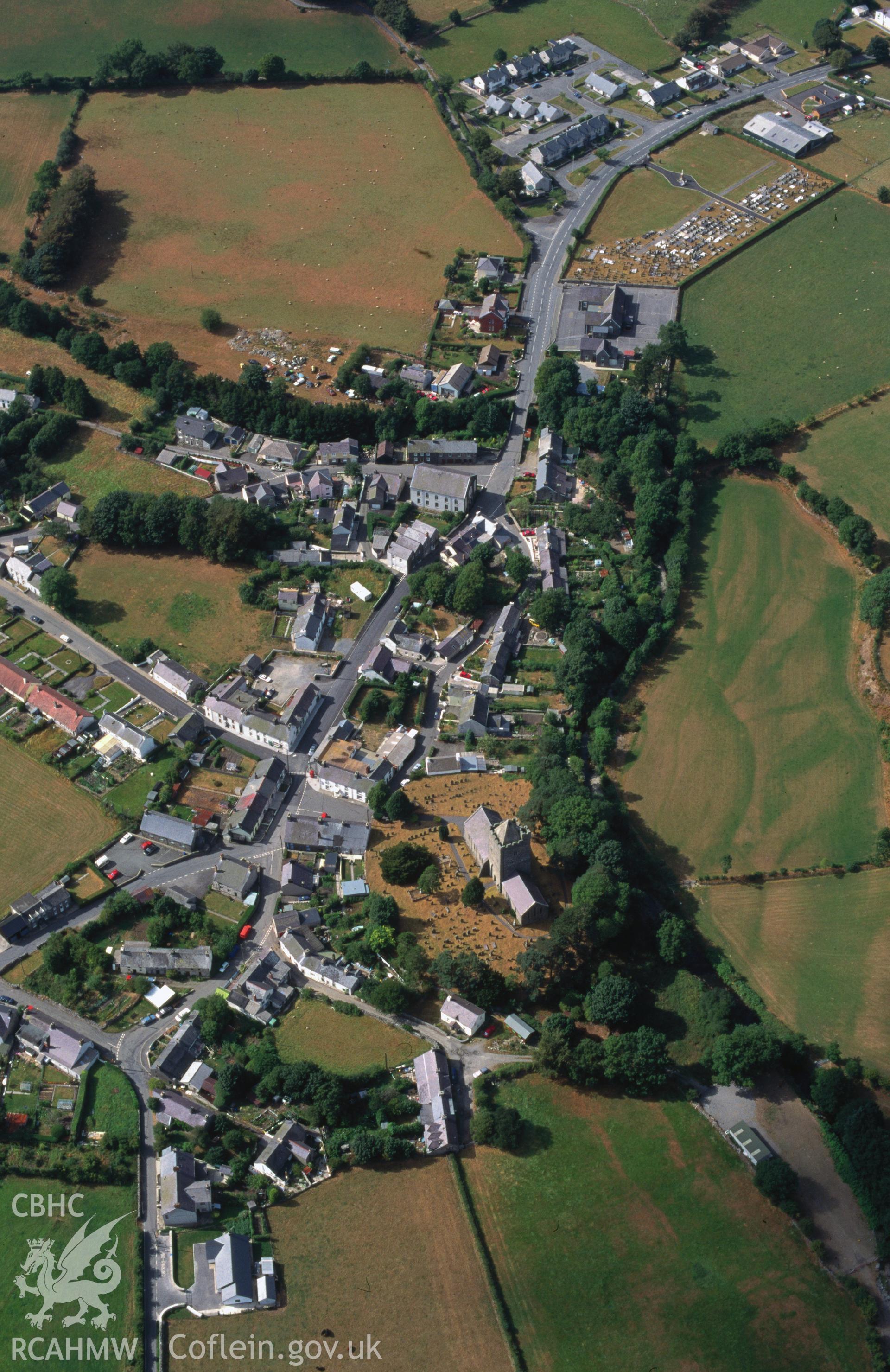 Slide of RCAHMW colour oblique aerial photograph of Llanddewi Brefi, taken by C.R. Musson, 23/8/1995.