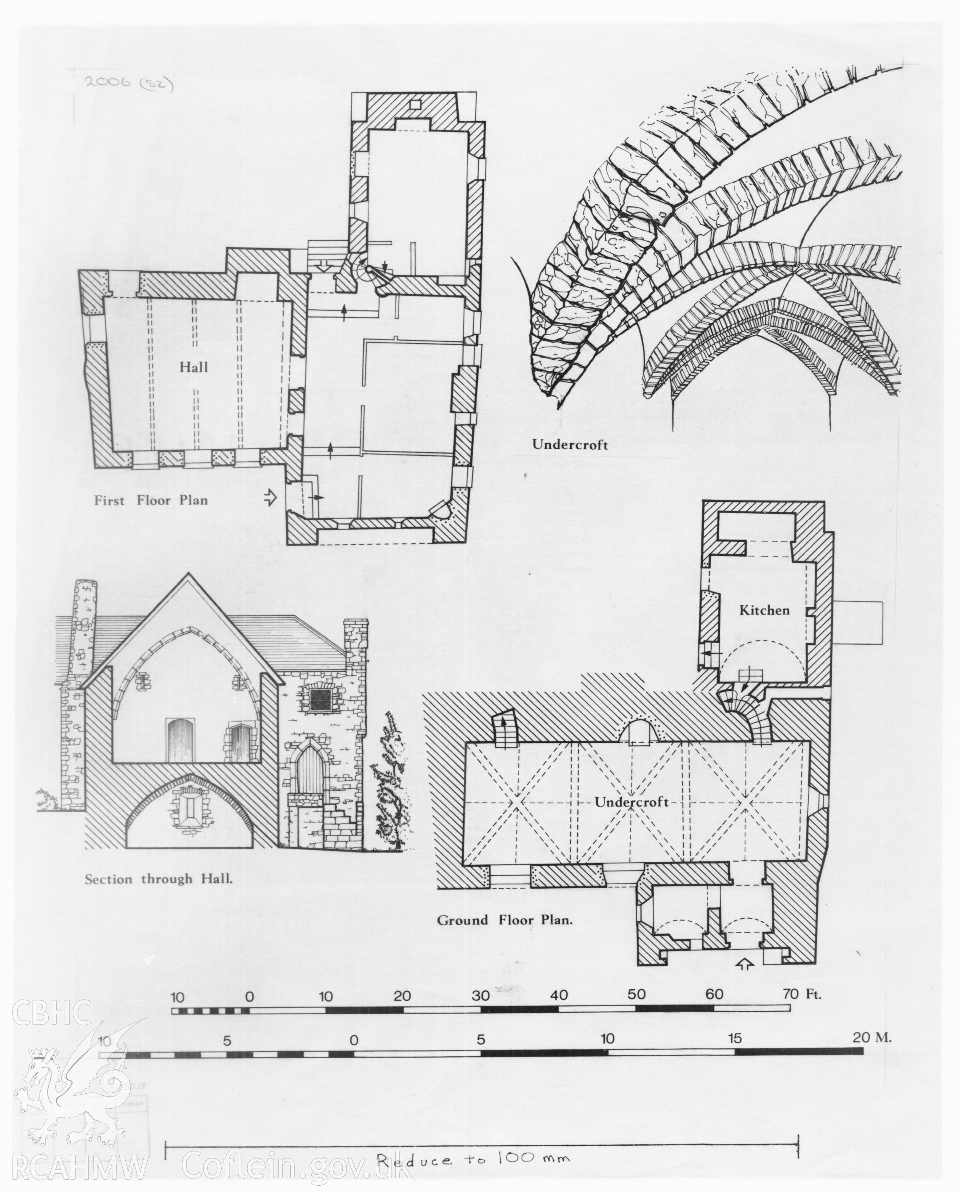 RCAHMW drawing showing cutaway plan, section and elevation of Monkton Old Hall, published in Houses of the Welsh Countryside, fig 4.