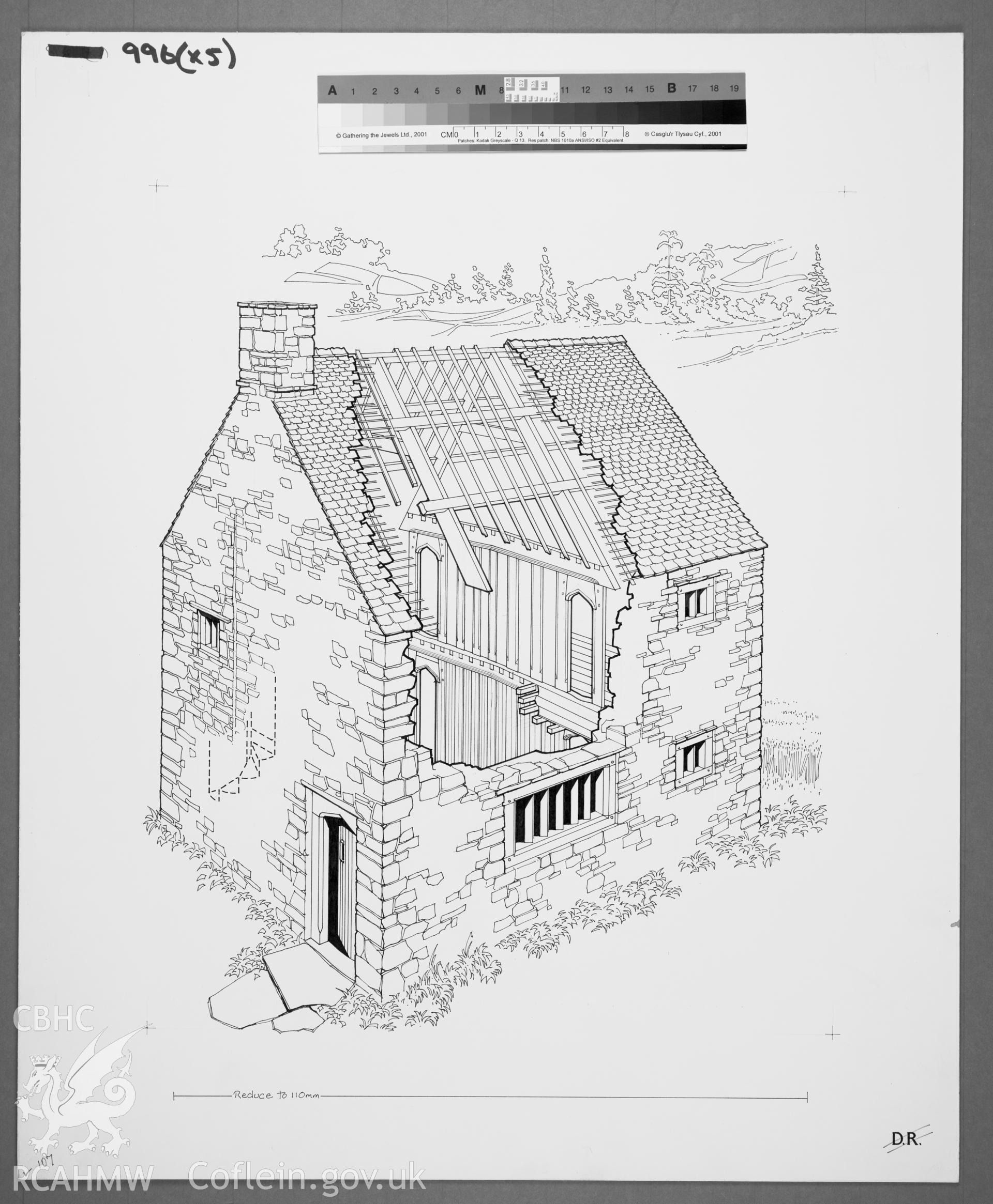 RCAHMW drawing showing cutaway perspective of Persondy, Mamhilad, publlished in Houses of the Welsh Countryside, fig 107.