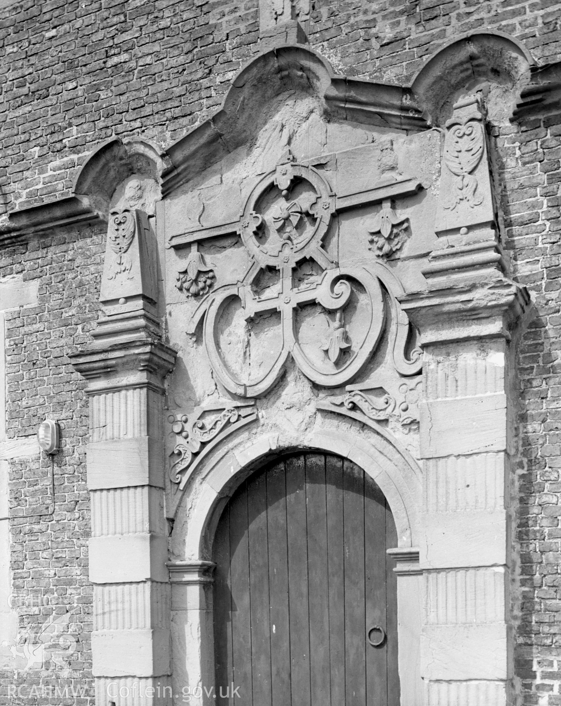 A view of the Main entrance Jacobean style doorway in detail. No longer in use.