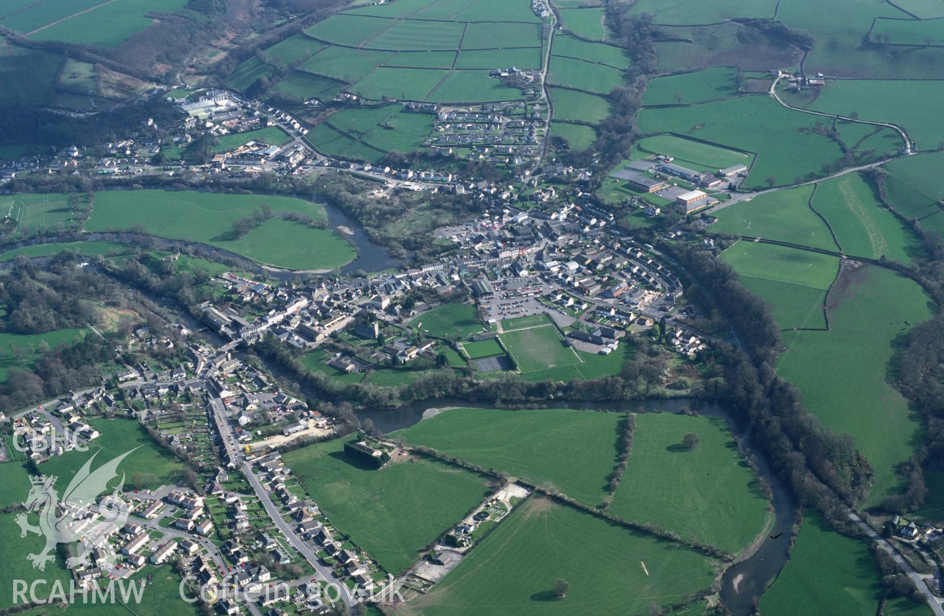 Slide of RCAHMW colour oblique aerial photograph of Newcastle Emlyn, taken by T.G. Driver, 31/3/1998.